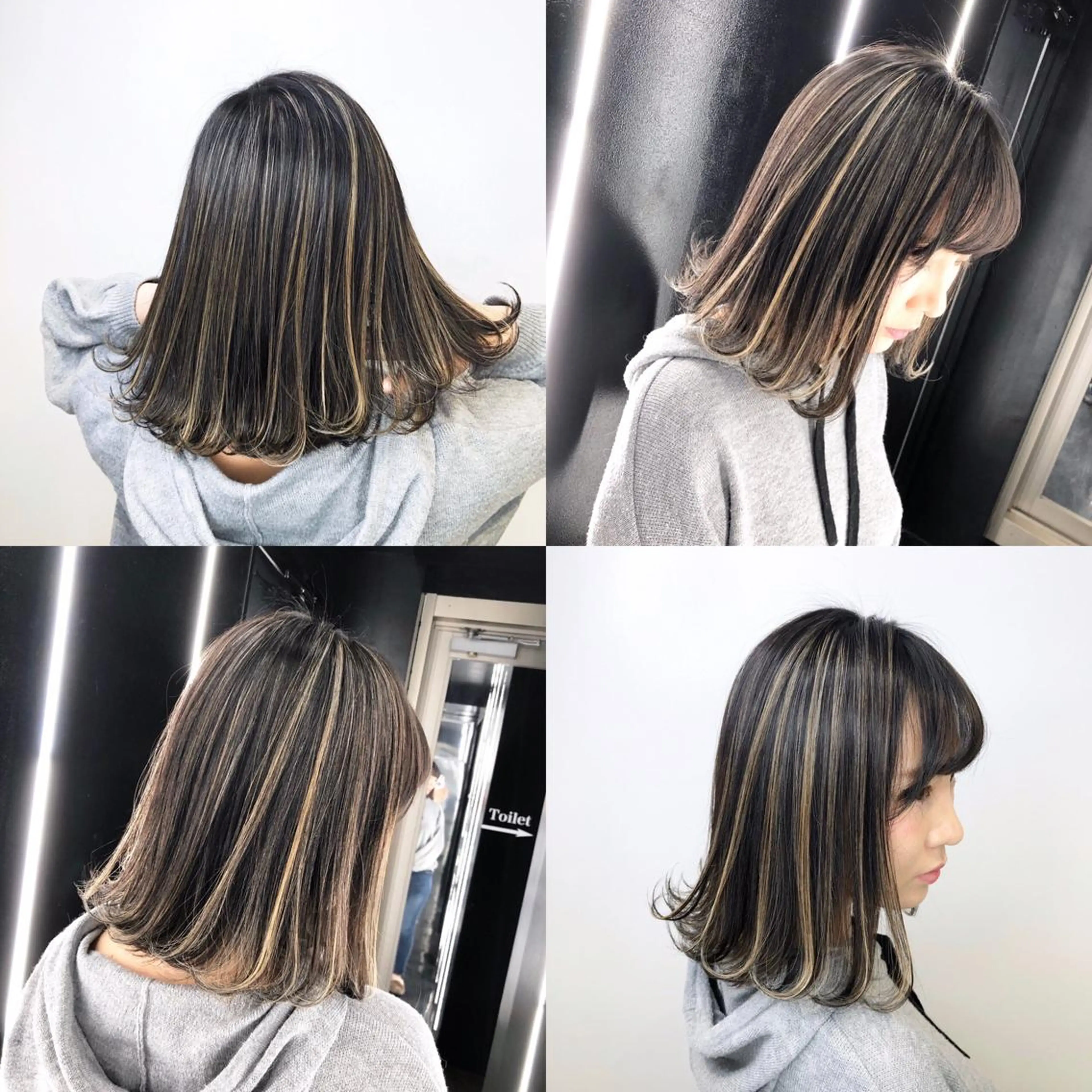 ミディアム カラー パーマ ヘアアレンジ バレイヤージュ ベージュカラー 黒髪 ブリーチ ブルーカラー カット ヘアカラー ⚠️激安ブリーチで 後悔してる方へ⚠️のヘアスタイル