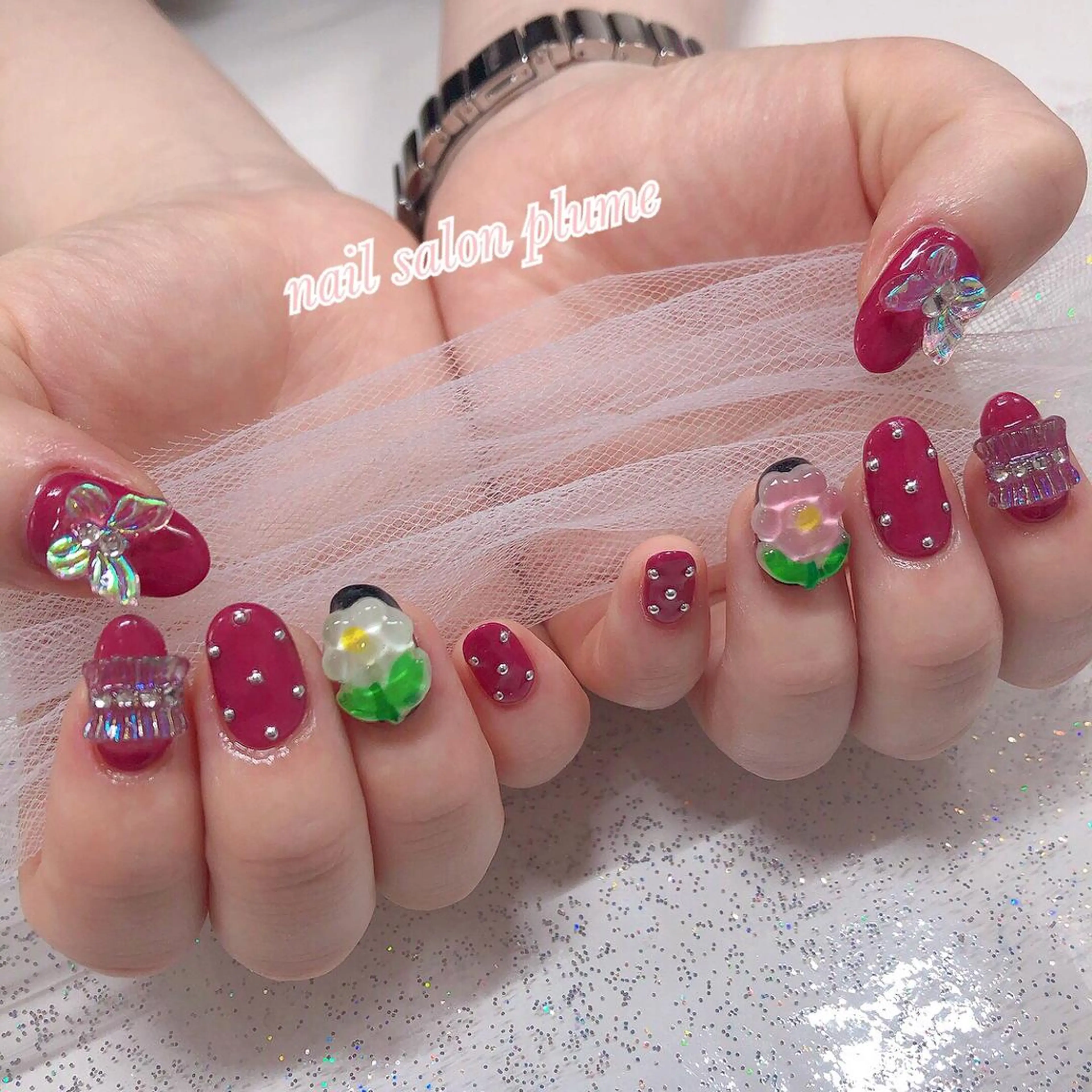 ネイル アートネイル クリアネイル フラワーネイル ガーリー ハート ハンドネイル plume nail ☆韓国ネイルのネイルデザイン