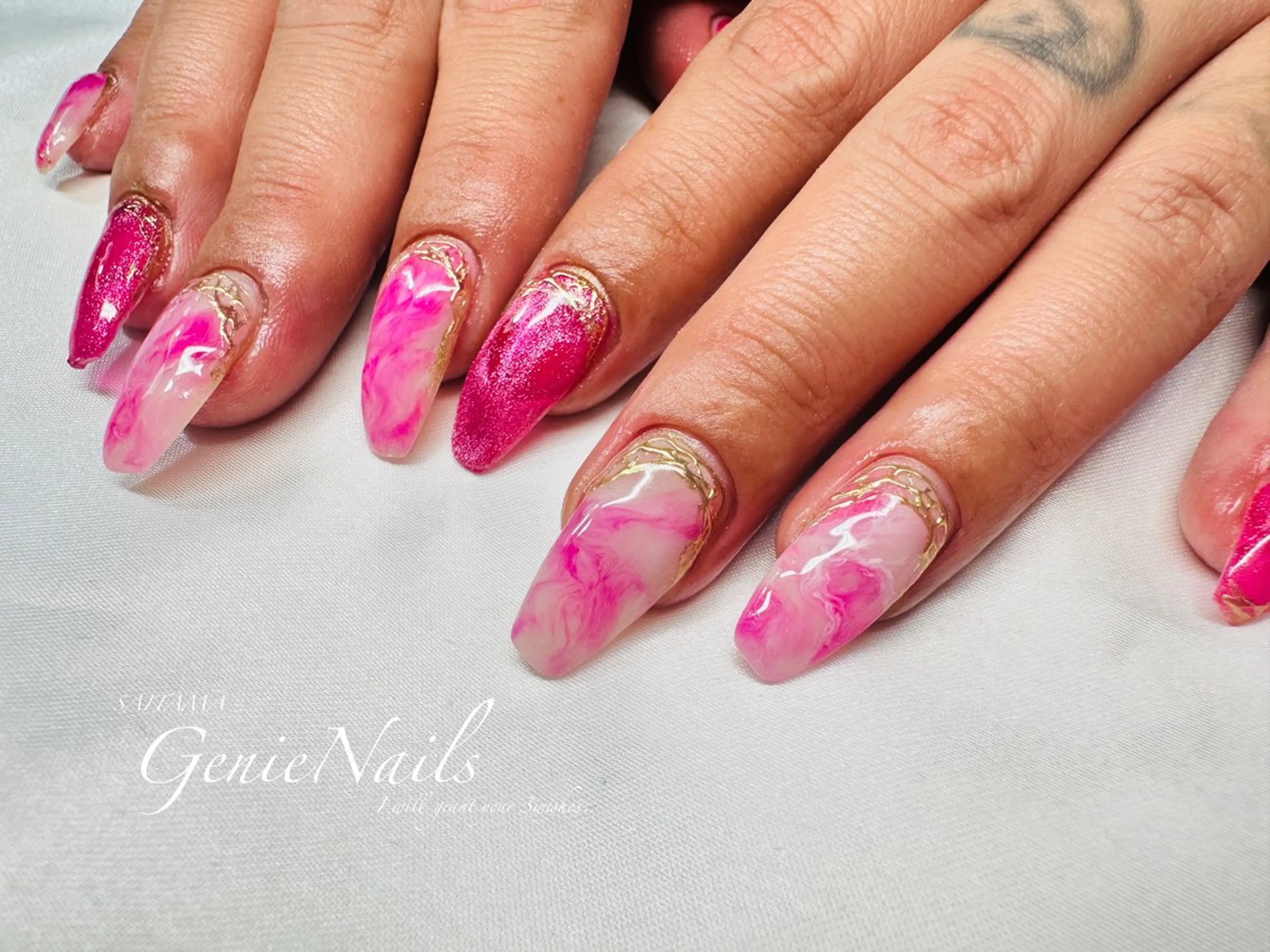 メンズ ネイル アートネイル 長さ出し 氷ネイル・うるうるネイル ロングネイル 持ち込み Genie Nailsのネイルデザイン