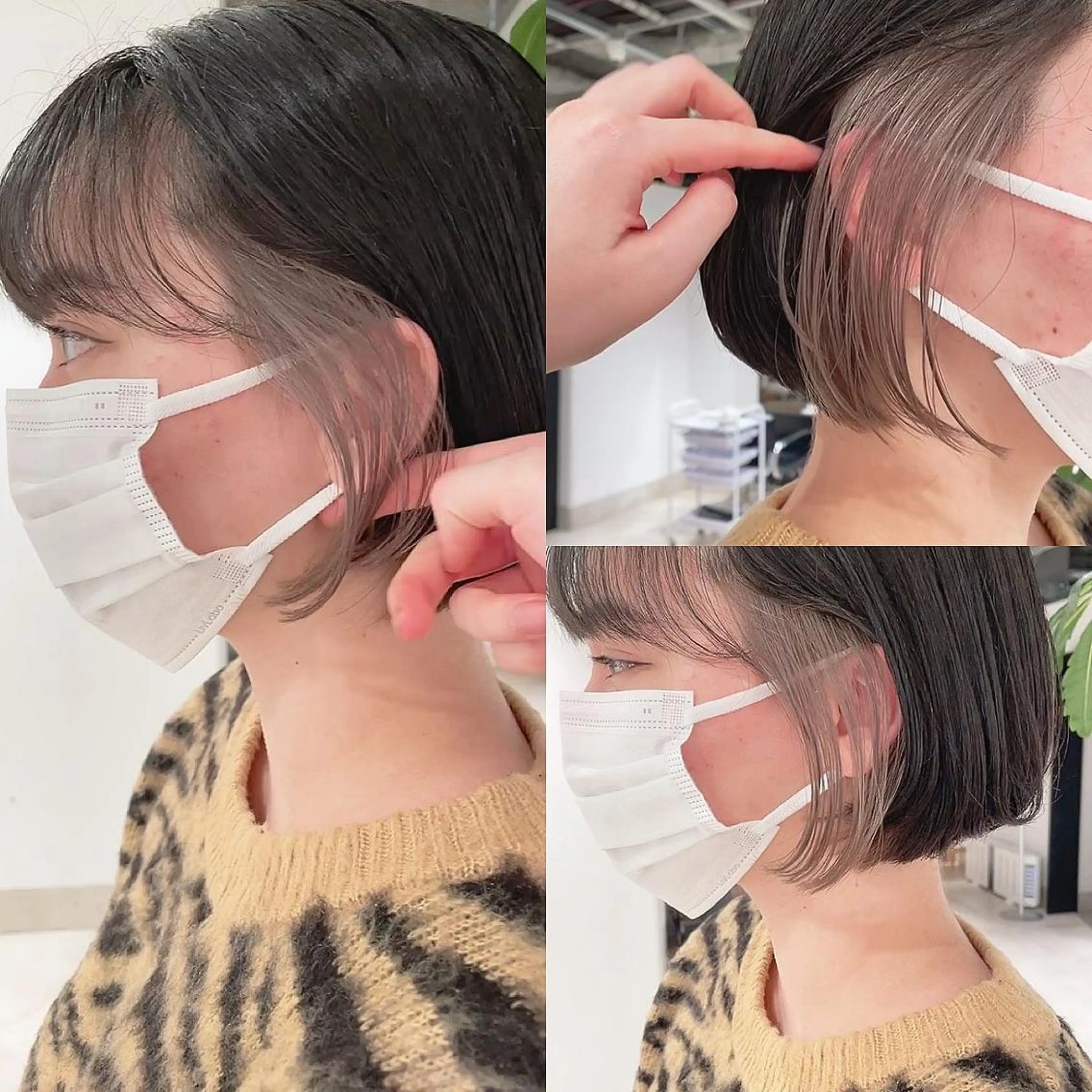ショート カラー ワンレンボブ イヤリングカラー ボブ ヘアカラー トリートメント 渋谷:インナーカラー ／🍒エリカ🍒のヘアスタイル