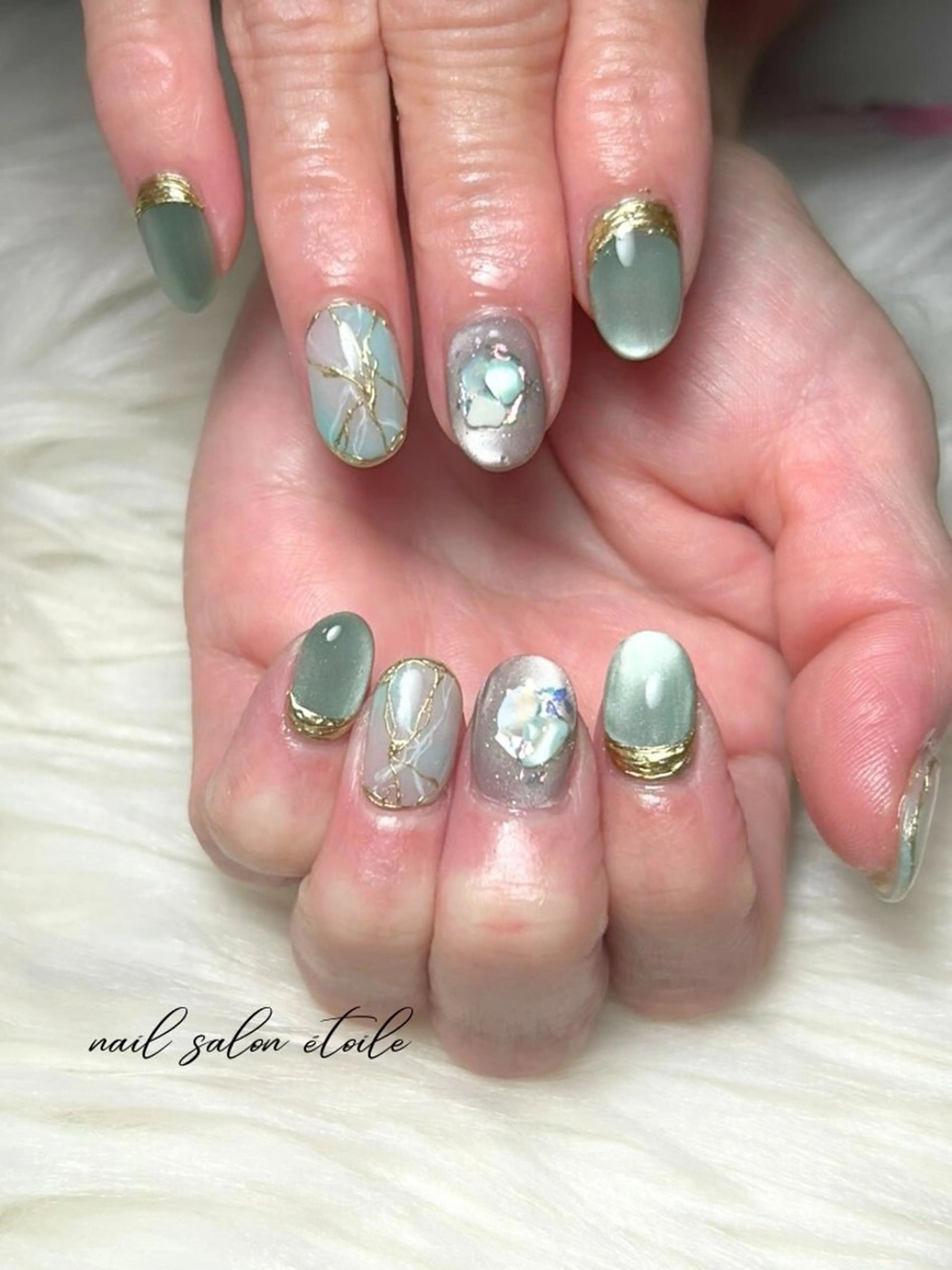 ネイル ブルー グリーン マグネットネイル 大理石ネイル(マーブル) ミラーネイル ハンドネイル nail salon étoileのネイルデザイン