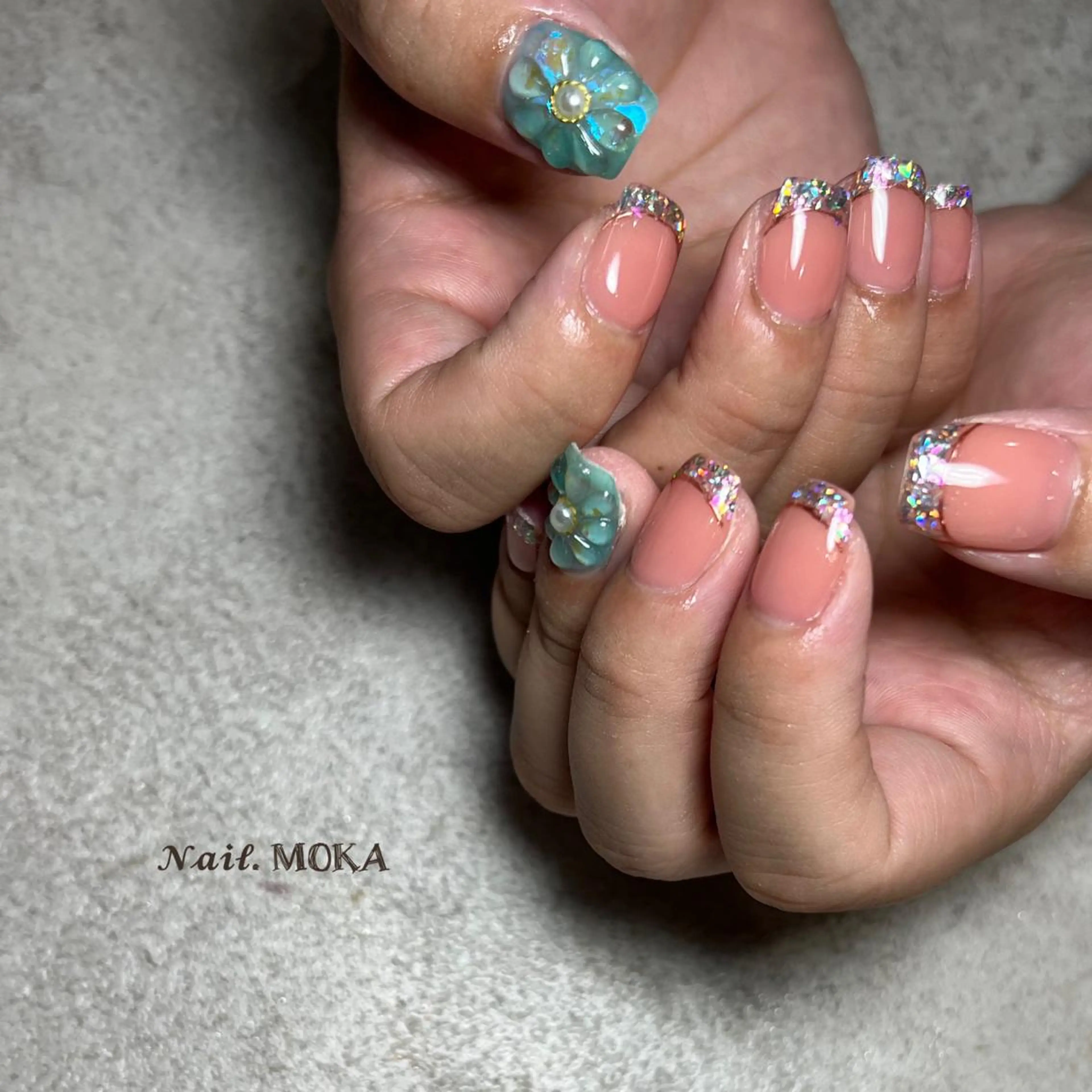 ネイル フラワーネイル フレンチネイル ガラスフレンチ ぷっくりネイル ハンドネイル nail salon MOKAのネイルデザイン