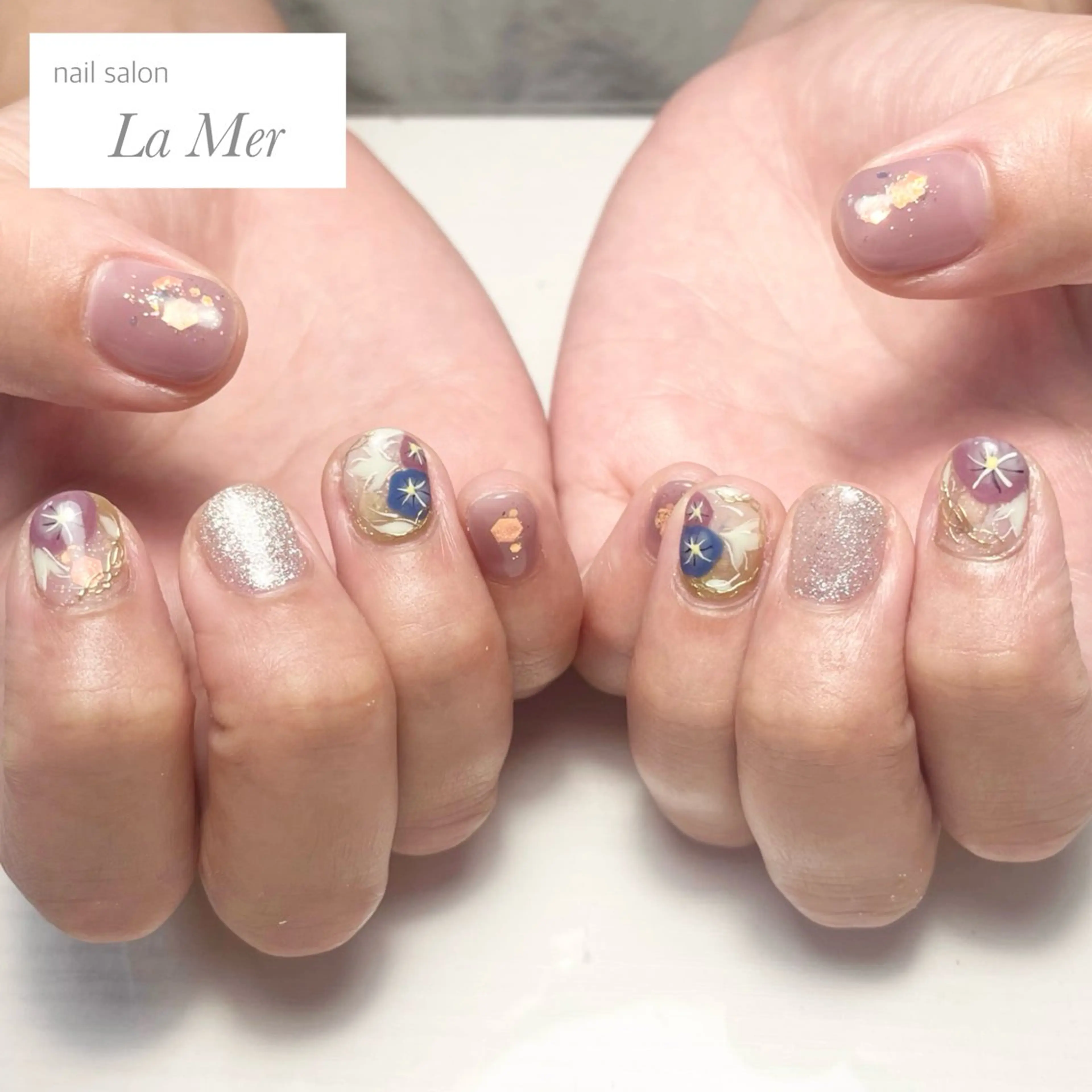ネイル フラワーネイル マグネットネイル ミラーネイル パープル 夏ネイル ハンドネイル nailsalon La Merのネイルデザイン