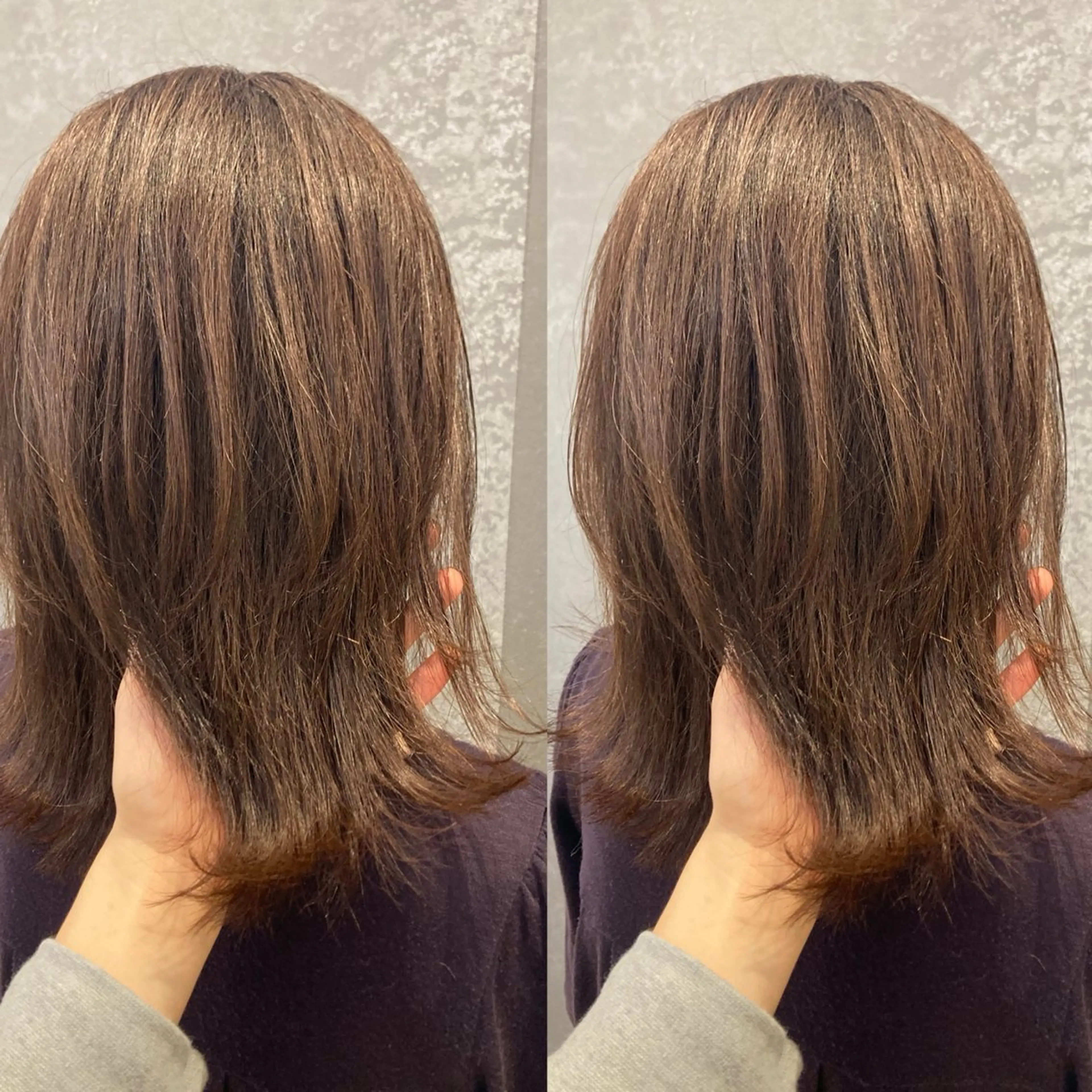 ミディアム カラー ブラウンカラー ココアブラウン レイヤーカット schon所属・み うのヘアスタイル