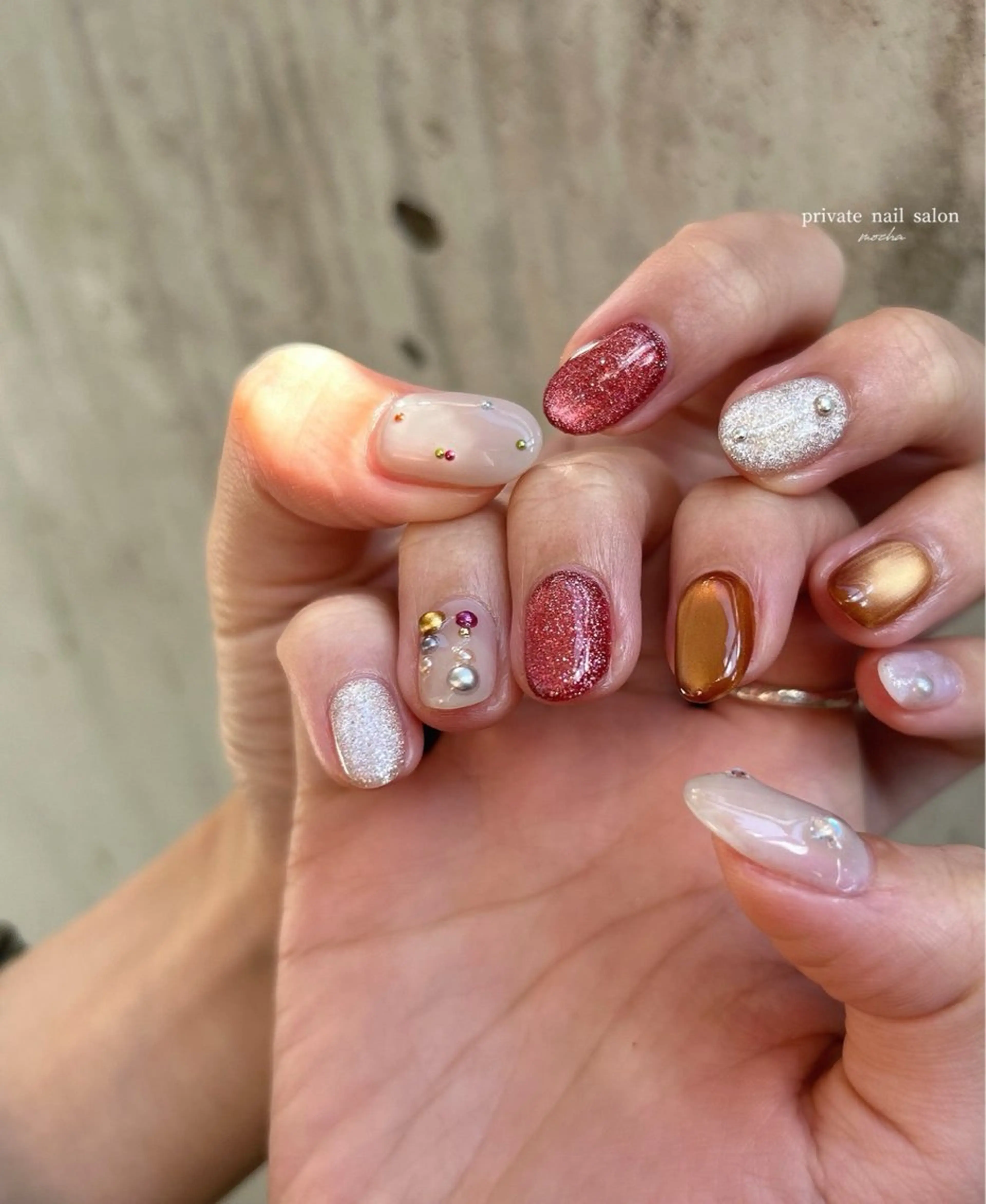 ネイル カジュアル フレンチネイル マグネットネイル ミラーネイル ニュアンスネイル ハンドネイル mocha nailのネイルデザイン