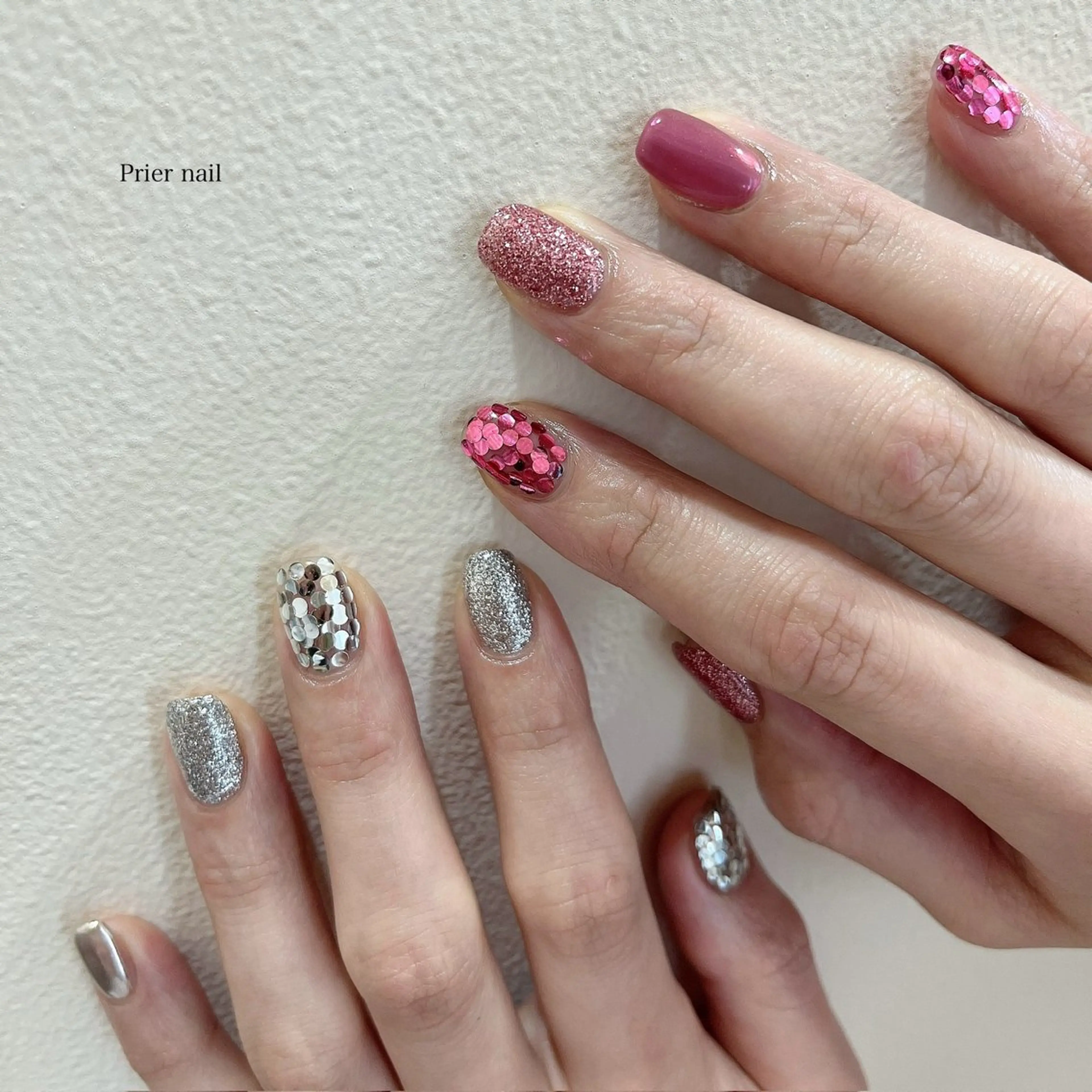 ネイル アートネイル キラキラネイル ピンク シルバー Prier×Kew hair所属・Prier nailのネイルデザイン