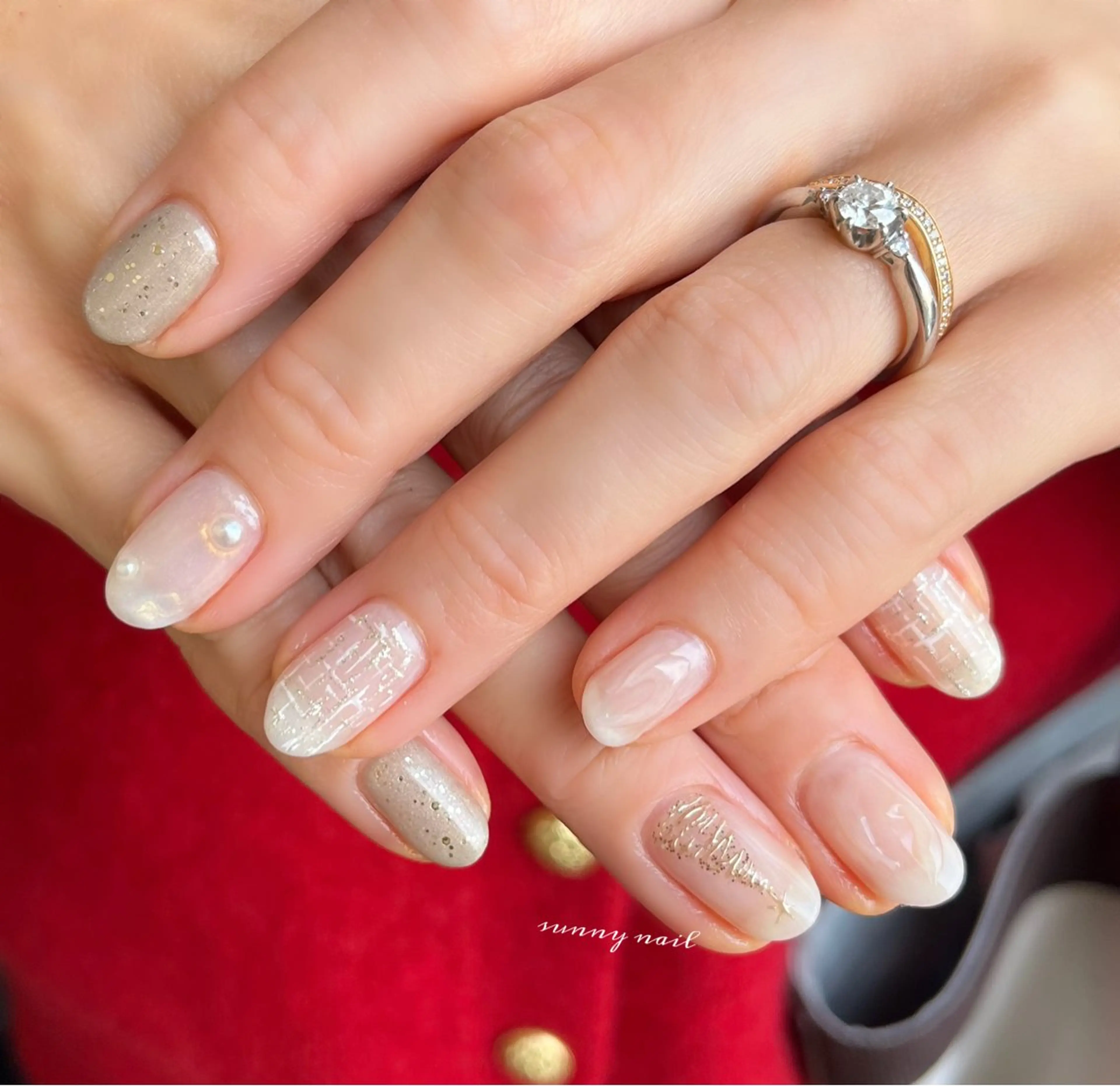 ネイル ジェルネイル ゴールド ミラーネイル パラジェル ツイードネイル sunny nailのネイルデザイン