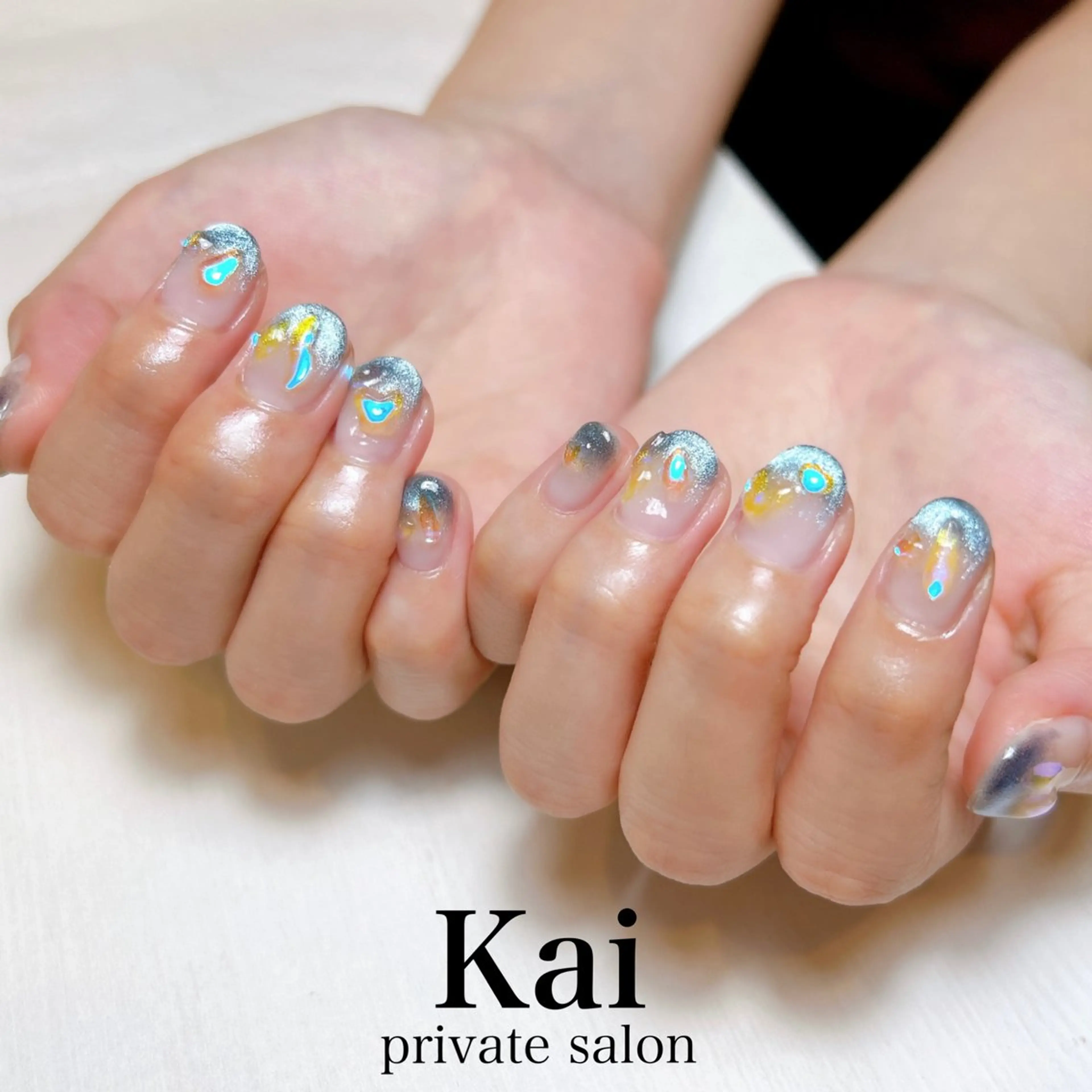 ネイル オーロラネイル ブルー フレンチネイル 韓国ネイル マグネットネイル Kai  nail Mayukoのネイルデザイン