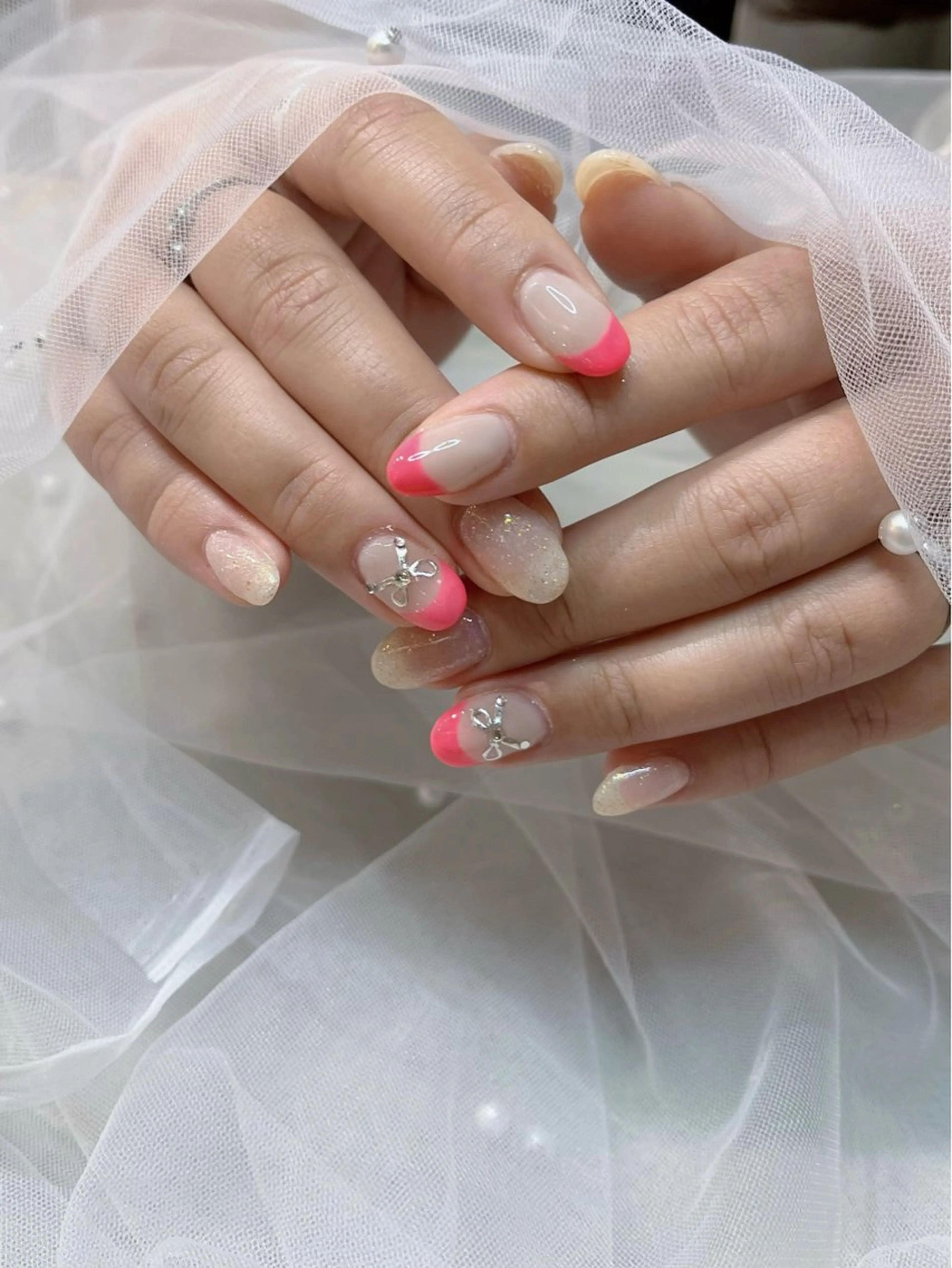 ネイル フレンチネイル ピンク リボン ハンドネイル Privatesalon Colorer所属・Colorer ayaのネイルデザイン