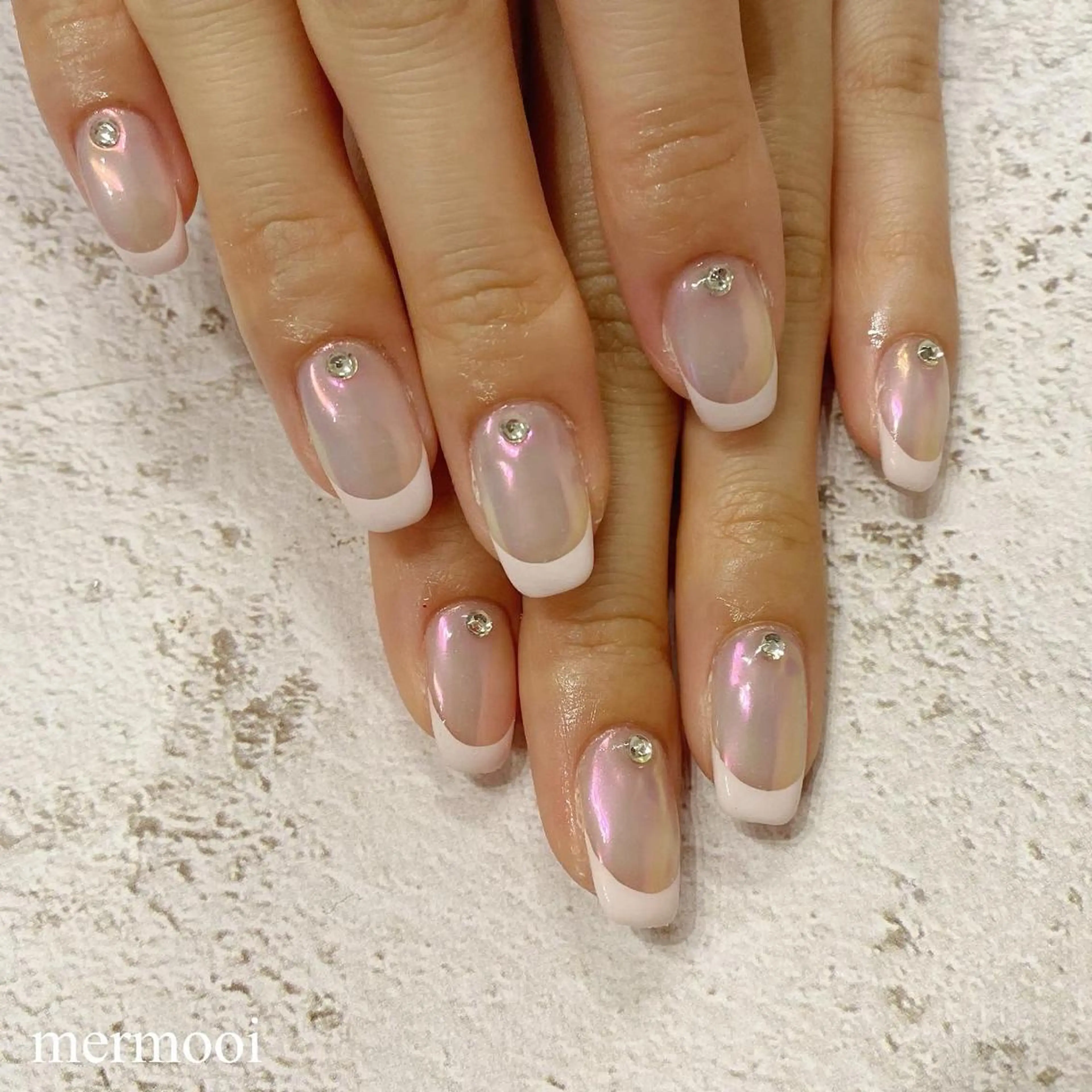 ネイル フレンチネイル 韓国ネイル ミラーネイル ニュアンスネイル ピンク ハンドネイル mermooi nailのネイルデザイン