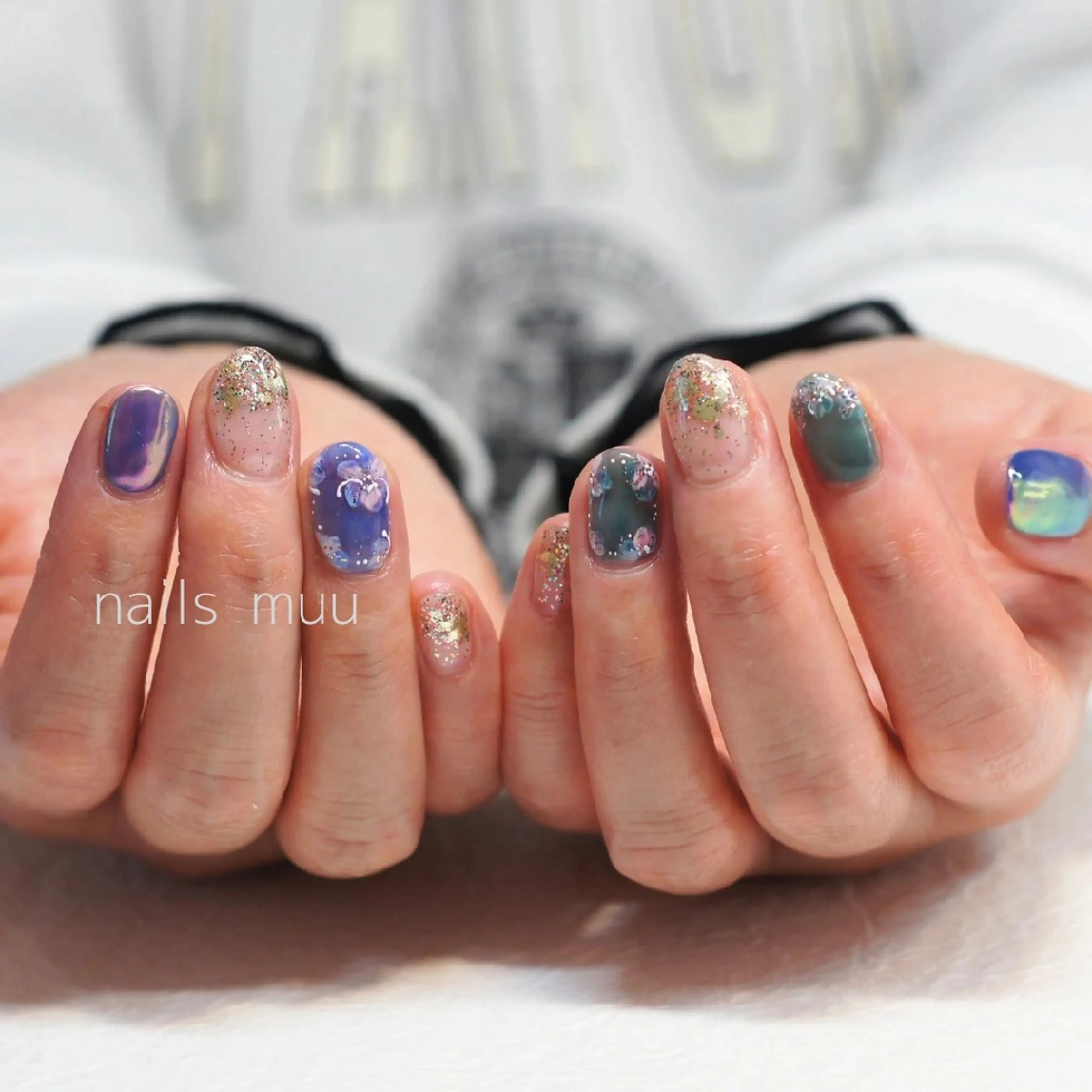 ネイル ブルー グリーン ニュアンスネイル ピンク 春ネイル ハンドネイル nails muu まゆのネイルデザイン