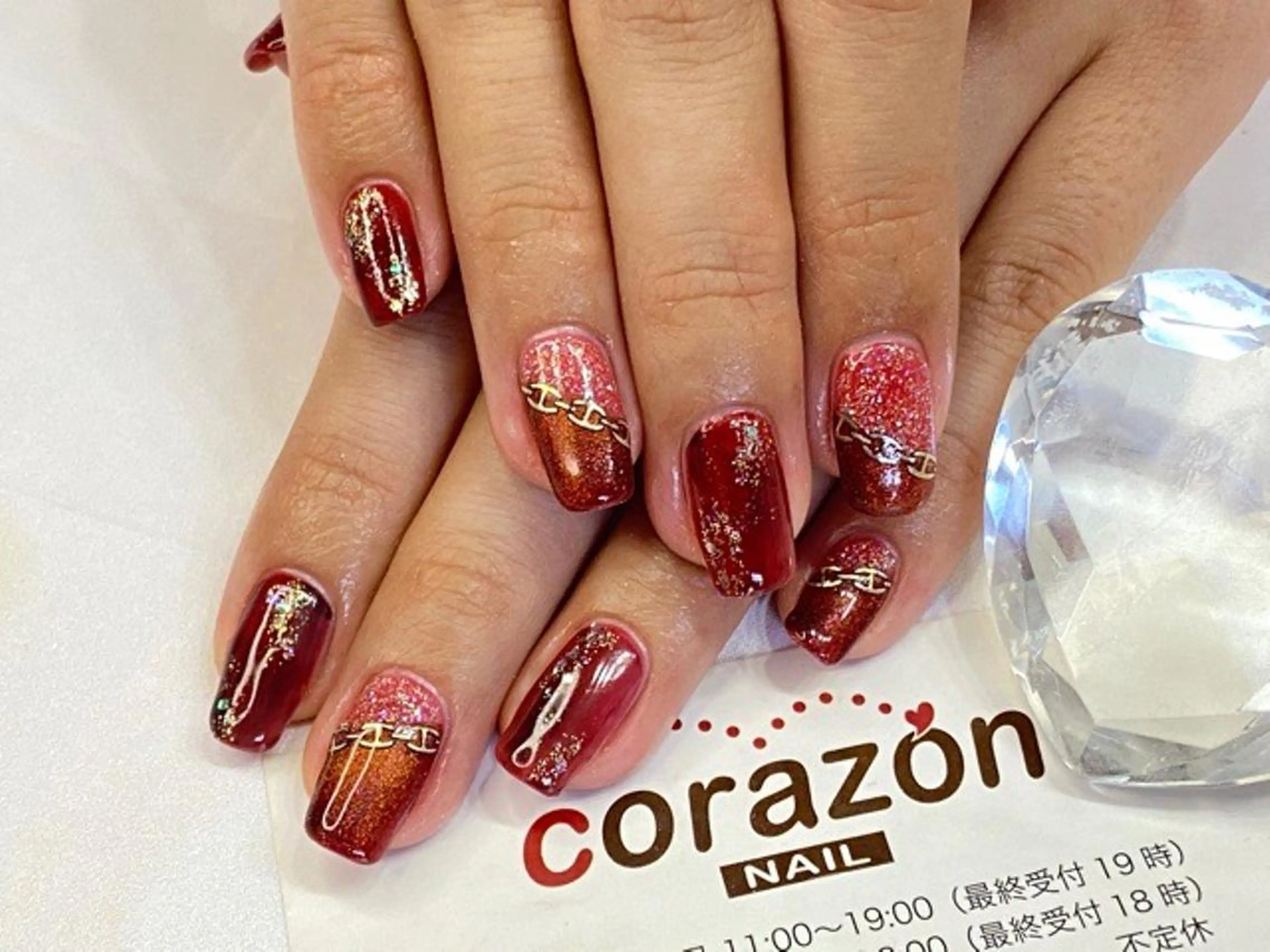 ネイル ボルドー クリアネイル ラメ(グリッター) マグネットネイル 赤色 corazon所属・ネイリスト aicoのネイルデザイン