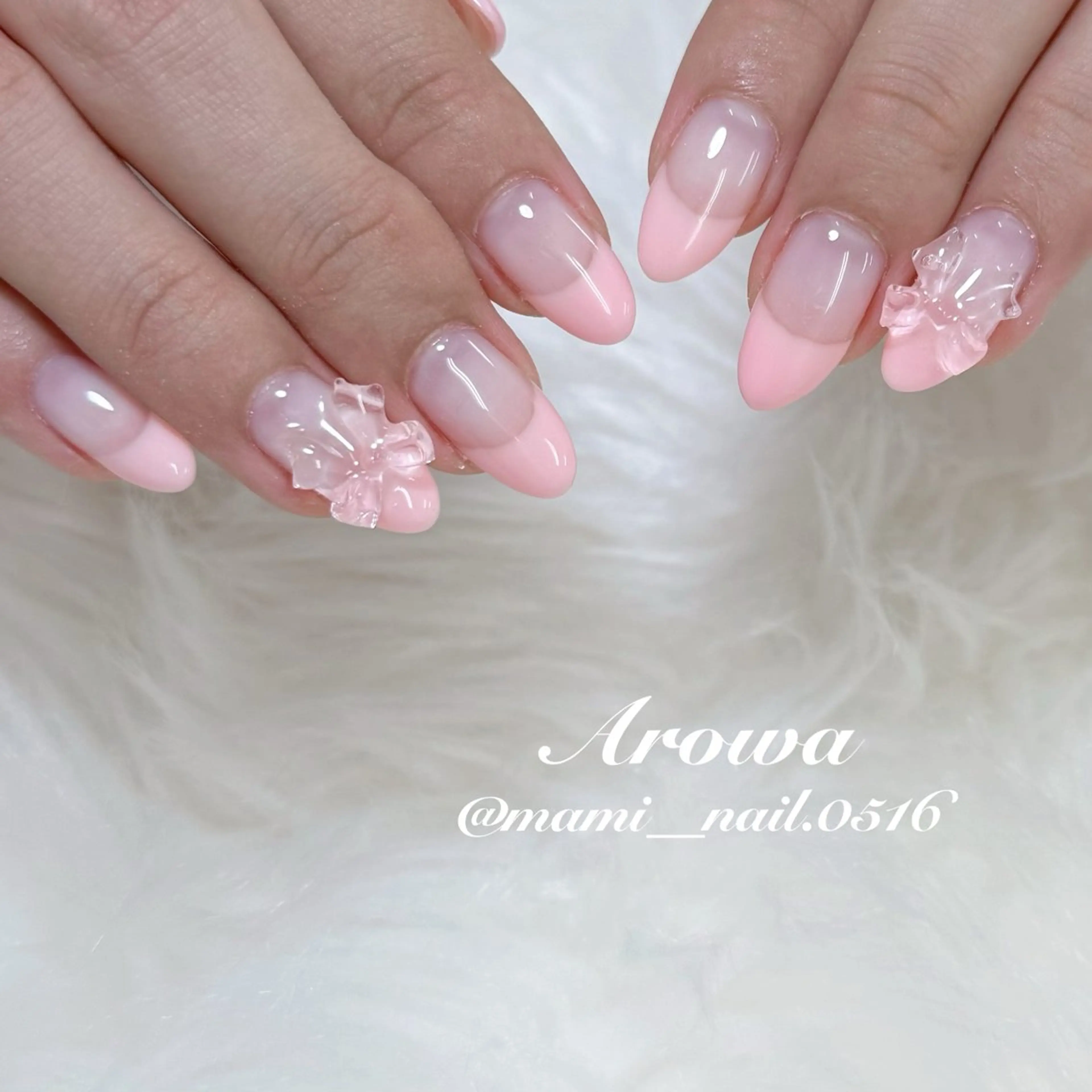ネイル クリアネイル フレンチネイル ピンク リボン ハンドネイル Arowa まみのネイルデザイン