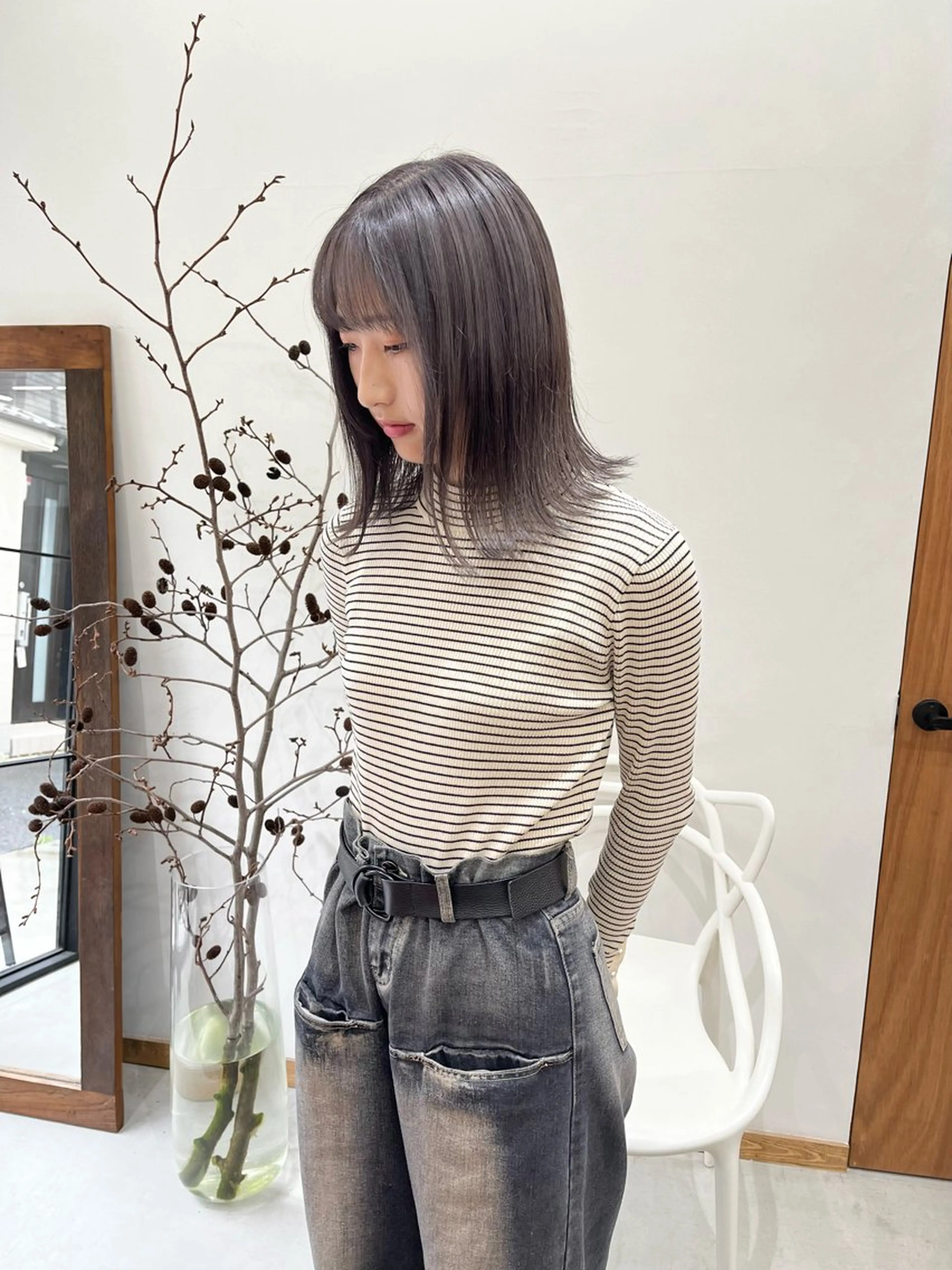 ミディアム カラー ヘアアレンジ ブリーチ 透明感カラー ブリーチなしカラー ena/ブリーチなし 暖色・ベージュ🎀のヘアスタイル