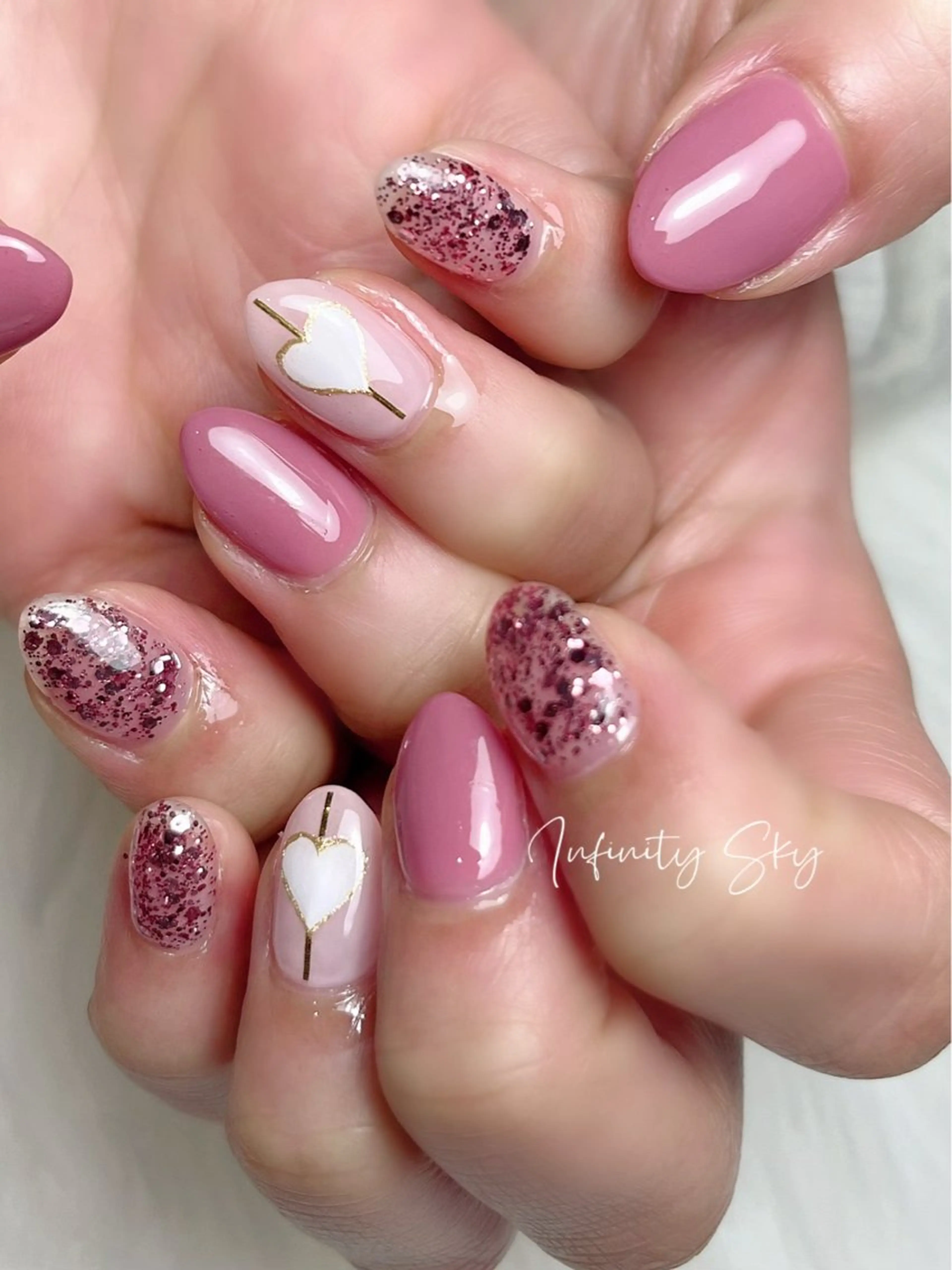 ネイル ハート ピンク ハンドネイル infinity skyのネイルデザイン