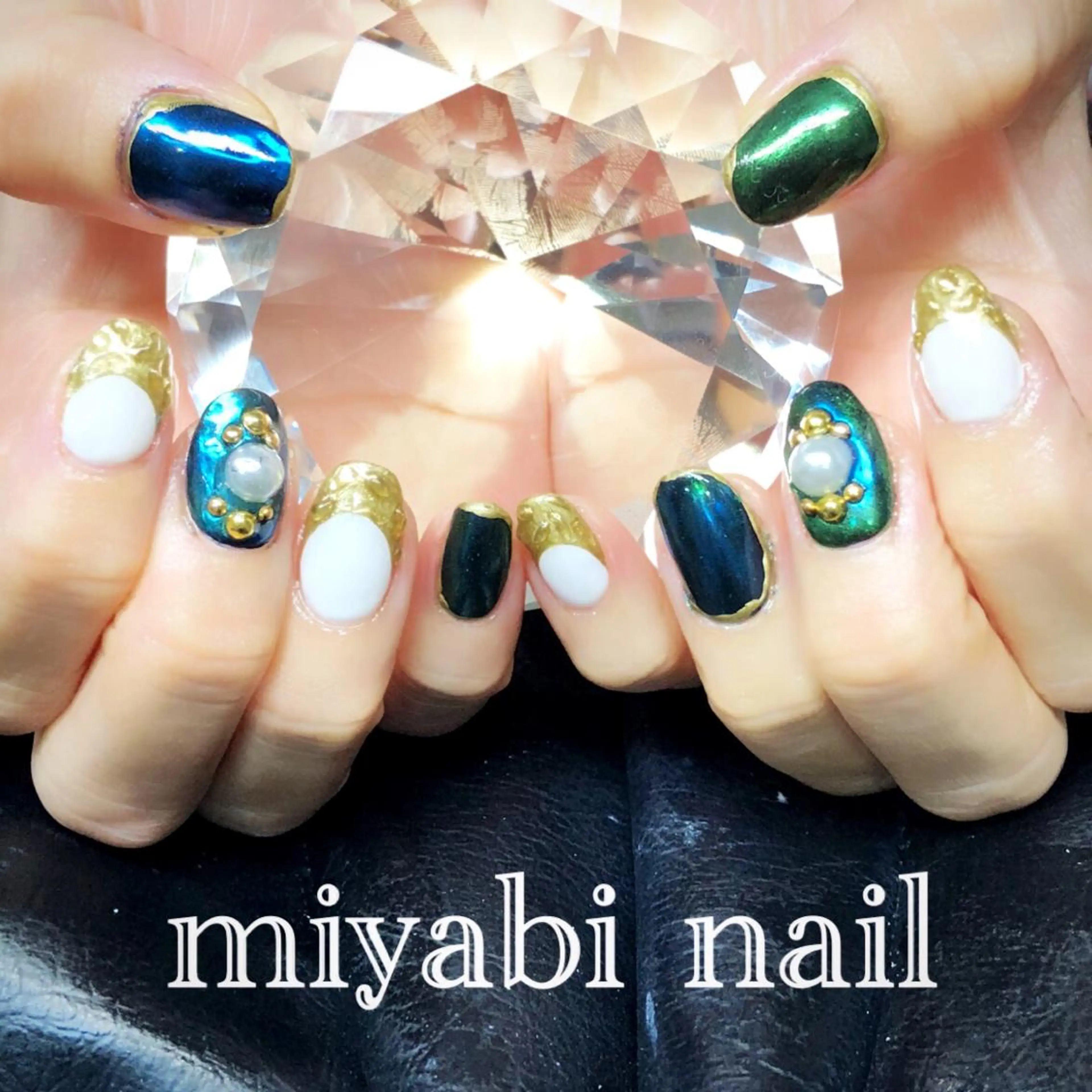 ネイル アートネイル ブルー フレンチネイル グリーン ミラーネイル ハンドネイル miyabi nail 桂川駅近くのネイルデザイン