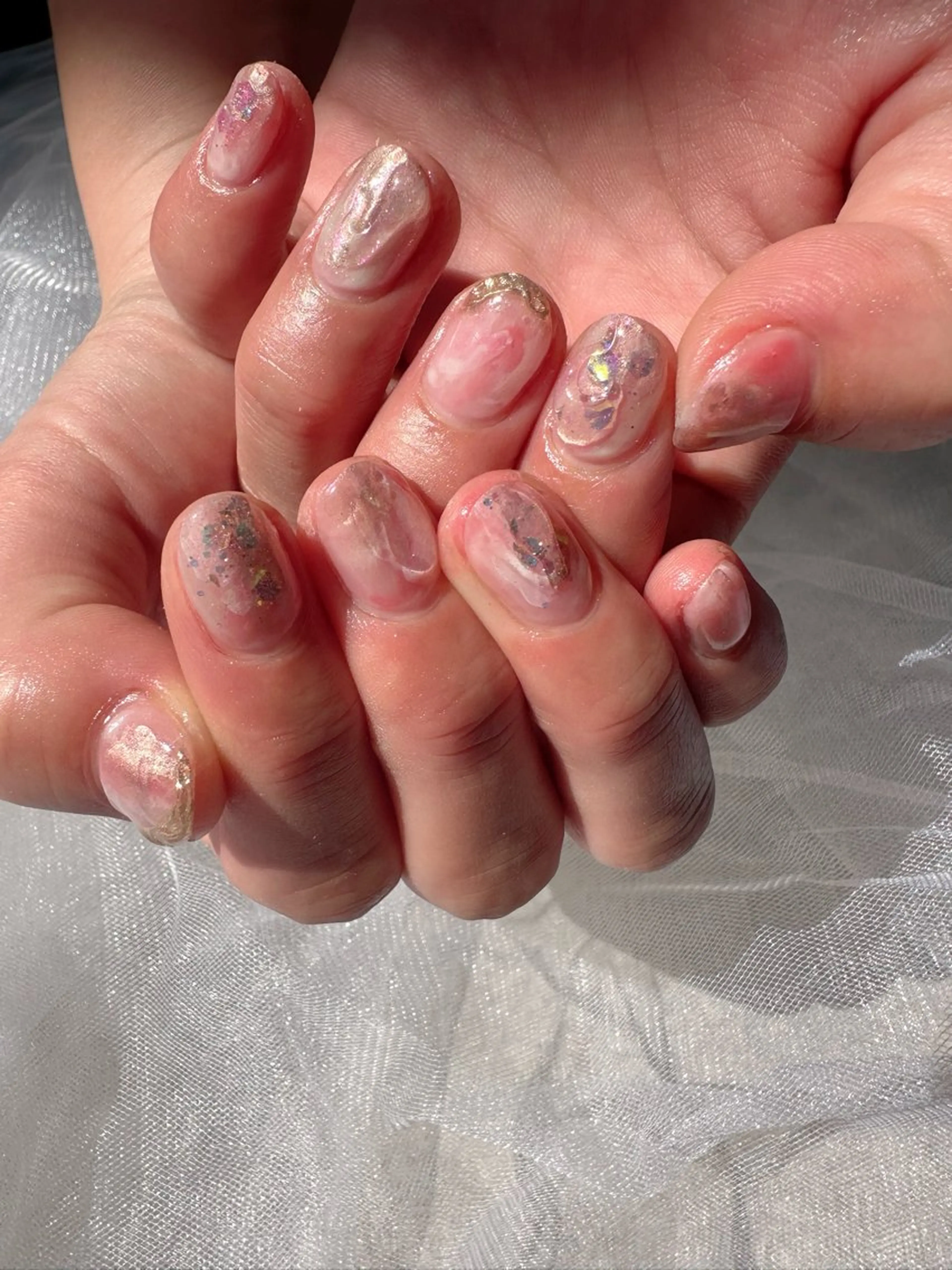 ネイル オーロラネイル 氷ネイル・うるうるネイル 韓国ネイル ニュアンスネイル ピンク 🪞KAPE NAIL 🪞のネイルデザイン