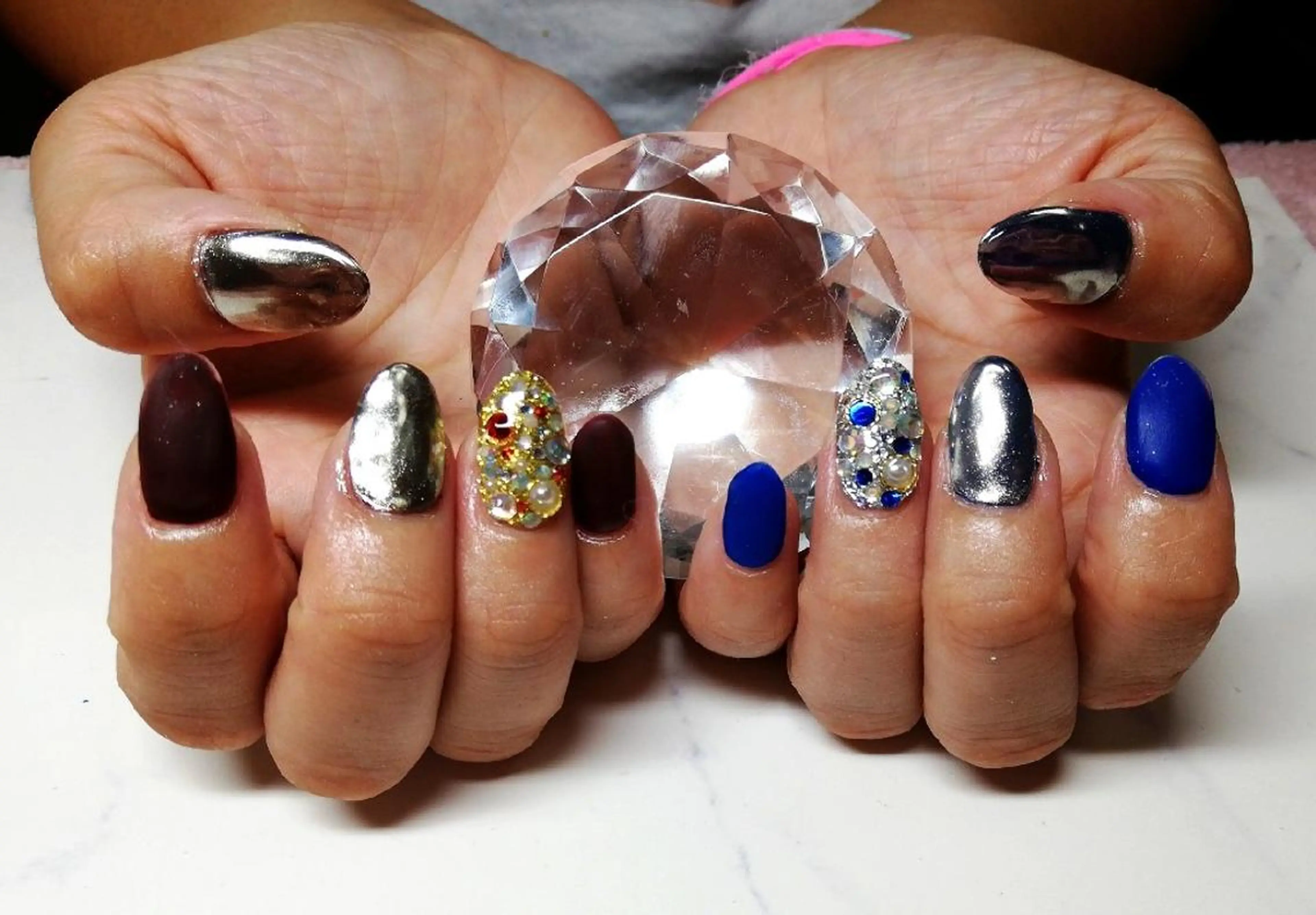 ネイル ブルー ボルドー ミラーネイル ハンドネイル Nail Salon macherieのネイルデザイン