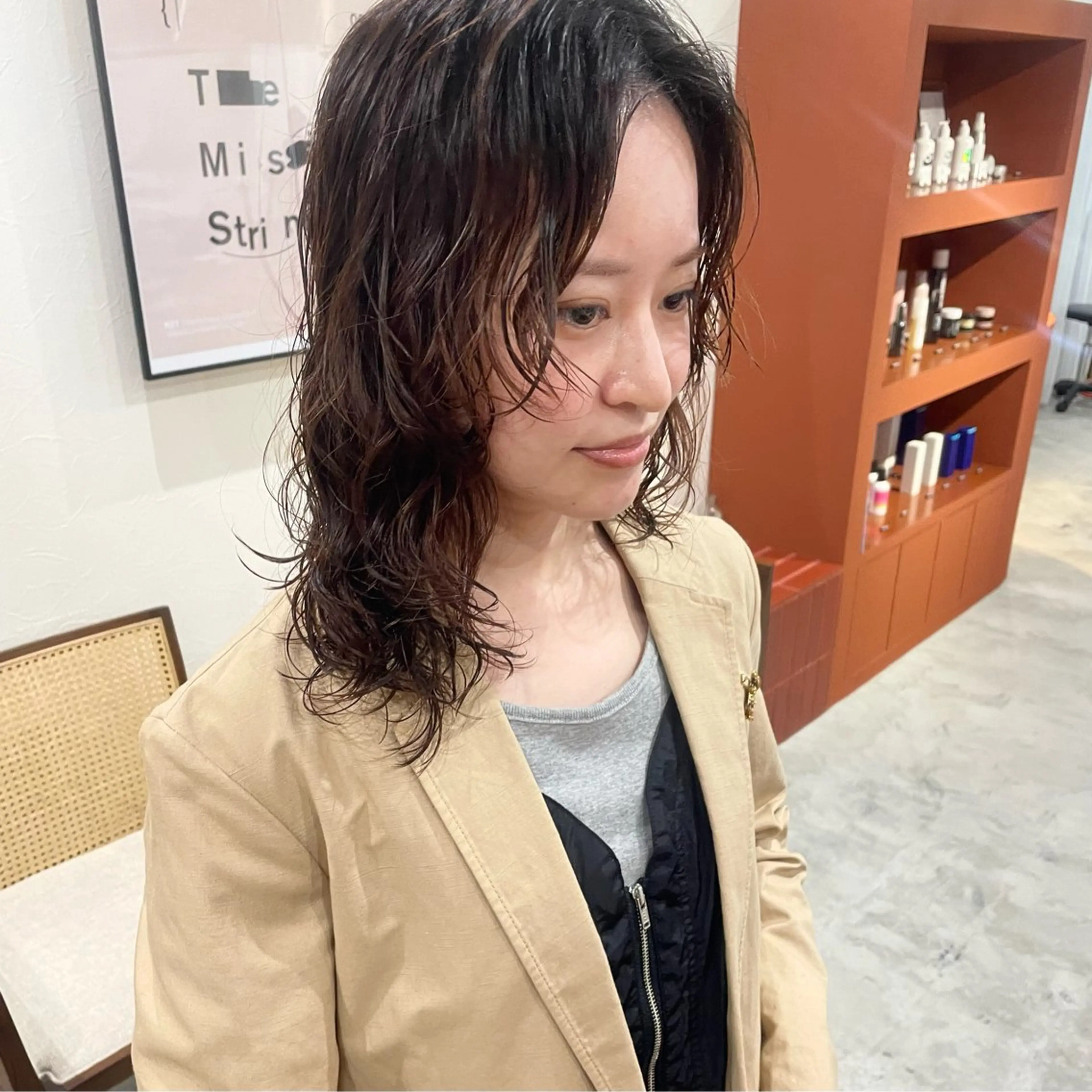 ミディアム カット パーマ ヘッドスパ 暖色艶カラー /RIONAのヘアスタイル