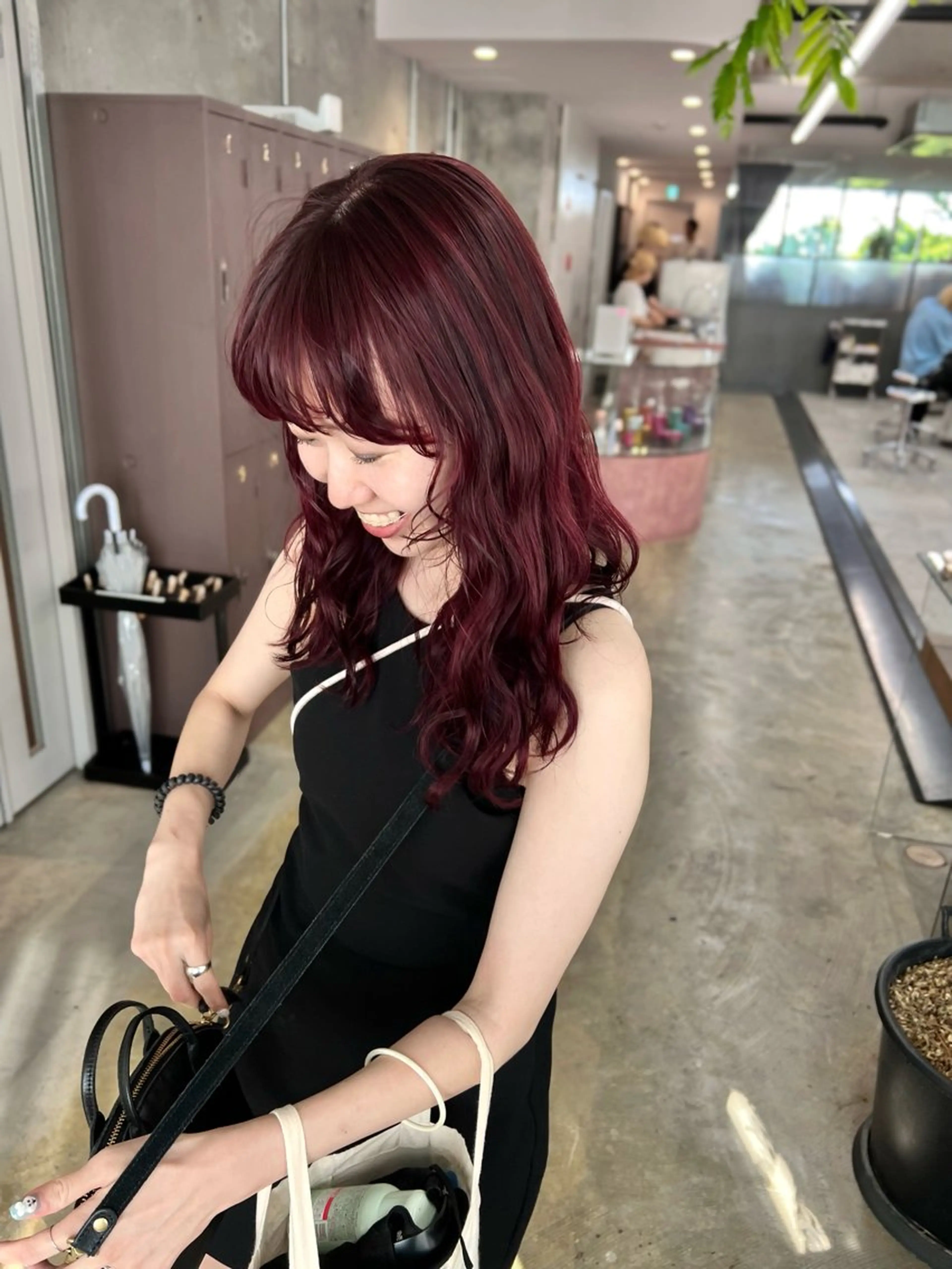 セミロング カラー パーマ セミロングパーマ レッドカラー ワイドバング カット ヘアカラー パーマ 水野 雪 パーマ/暖色カラーのヘアスタイル