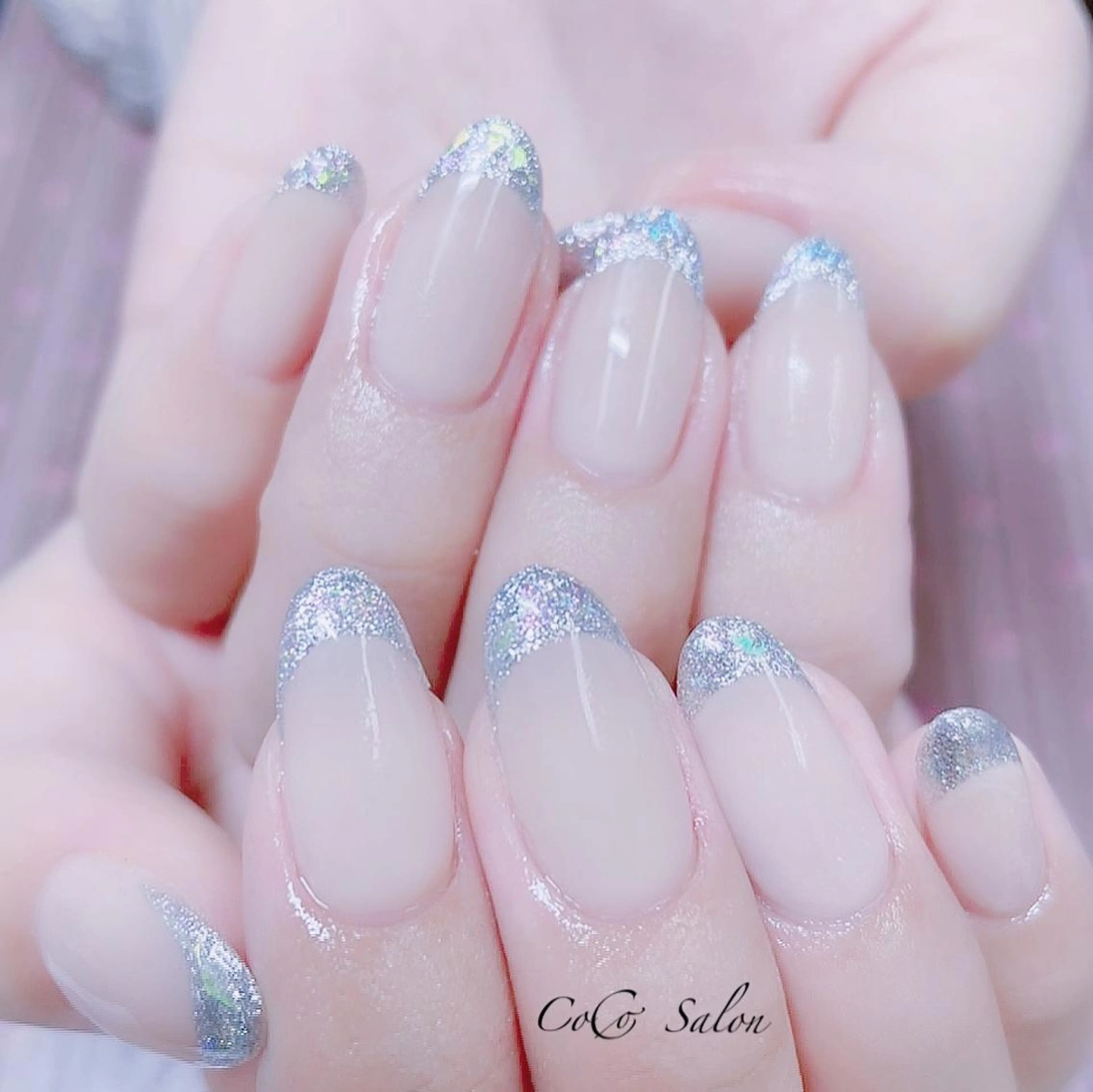 ネイル オーロラネイル 長さ出し フレンチネイル ジェルネイル ガラスフレンチ ハンドネイル CoCoSalon ネイル/まつ毛予約のネイルデザイン