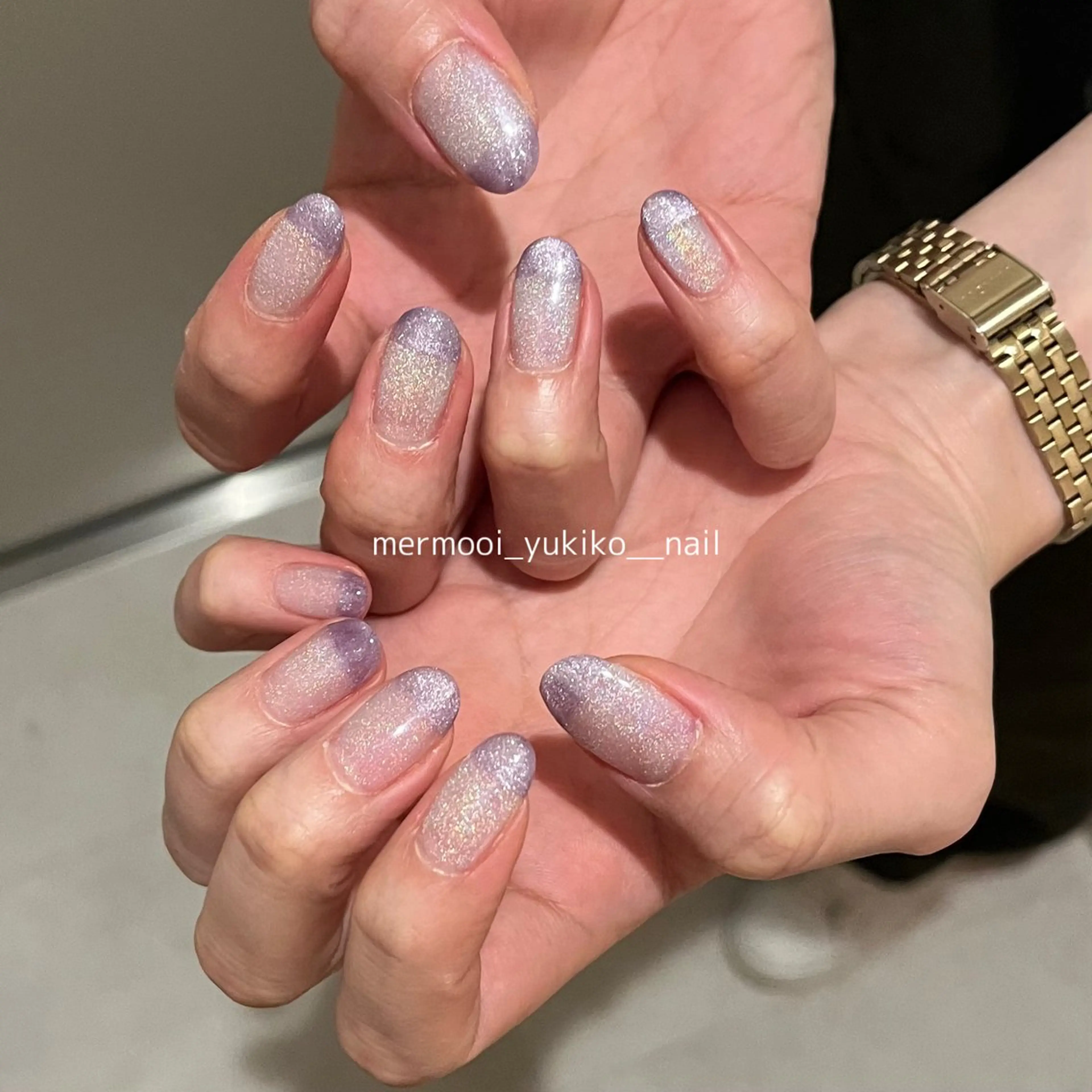 ネイル フレンチネイル キラキラネイル マグネットネイル パープル ハンドネイル melu所属・melu yukikoのネイルデザイン