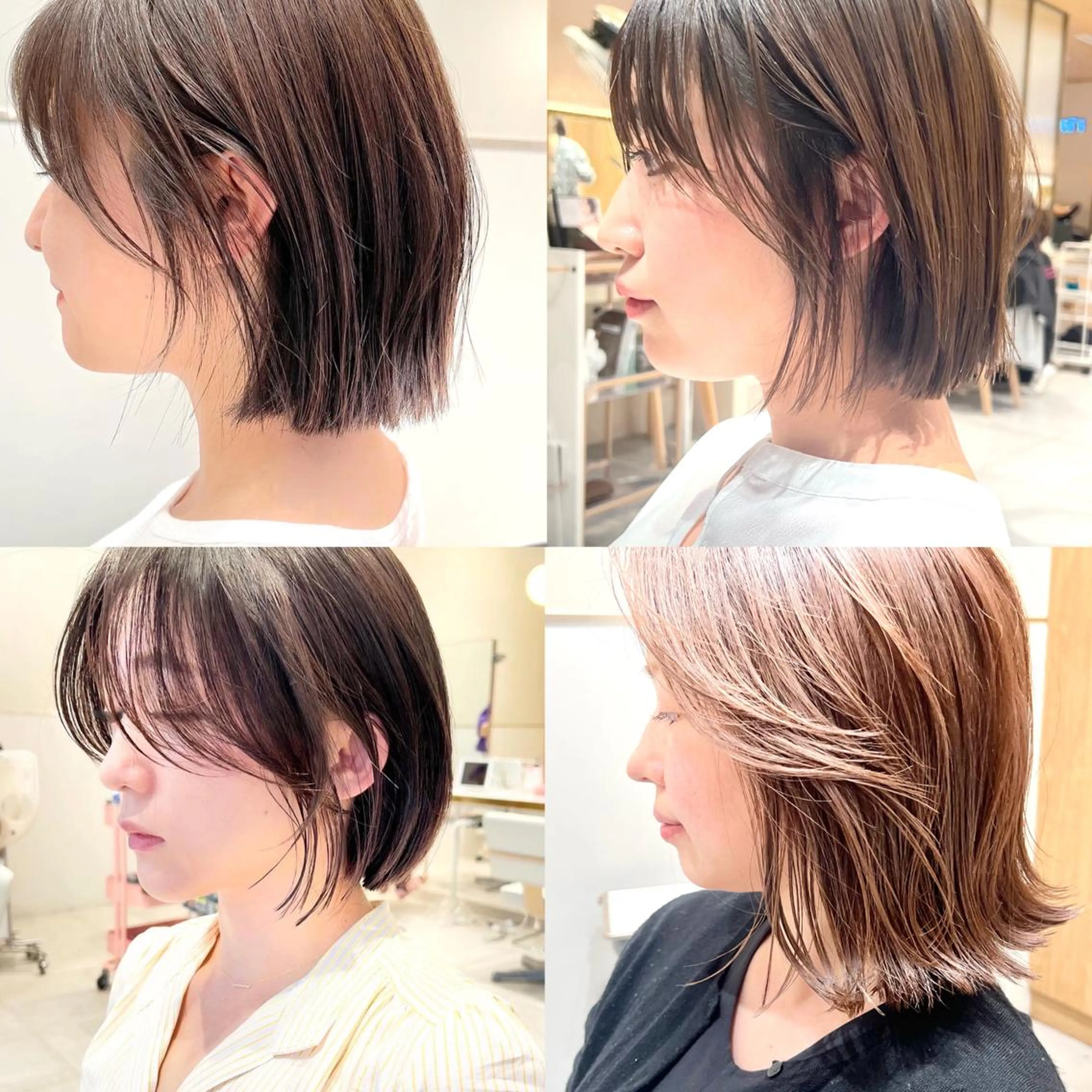 ショート カラー 切りっぱなしボブ 前下がりボブ ブリーチ グレージュ イルミナカラー カット ヘアカラー トリートメント ニュアンスレイヤー ハイトーンカラーのヘアスタイル