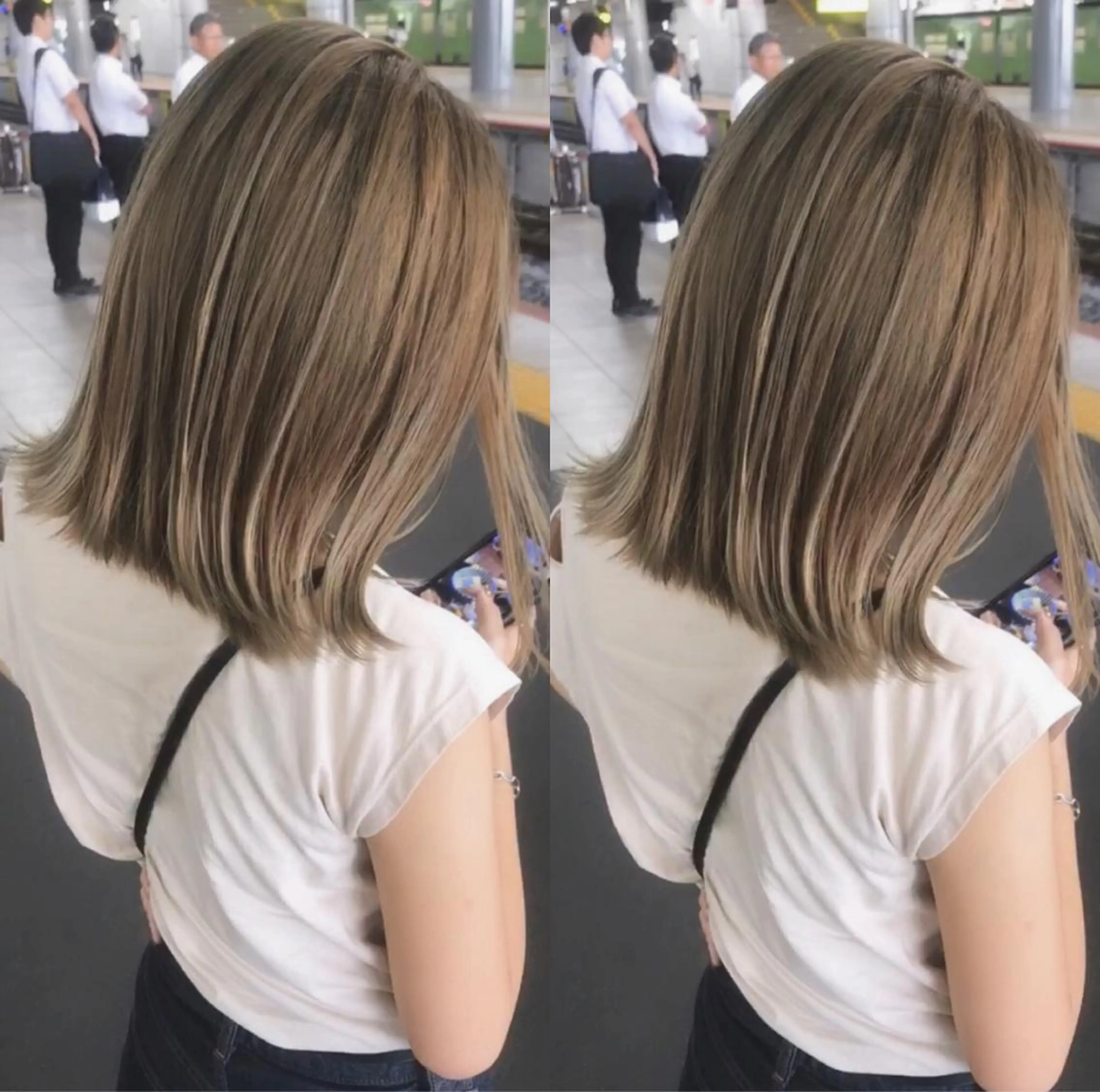 ミディアム カラー グレージュ ミルクティーグレージュ ヘアカラー ハイライト、レイヤー カット/西梅田/中西のヘアスタイル