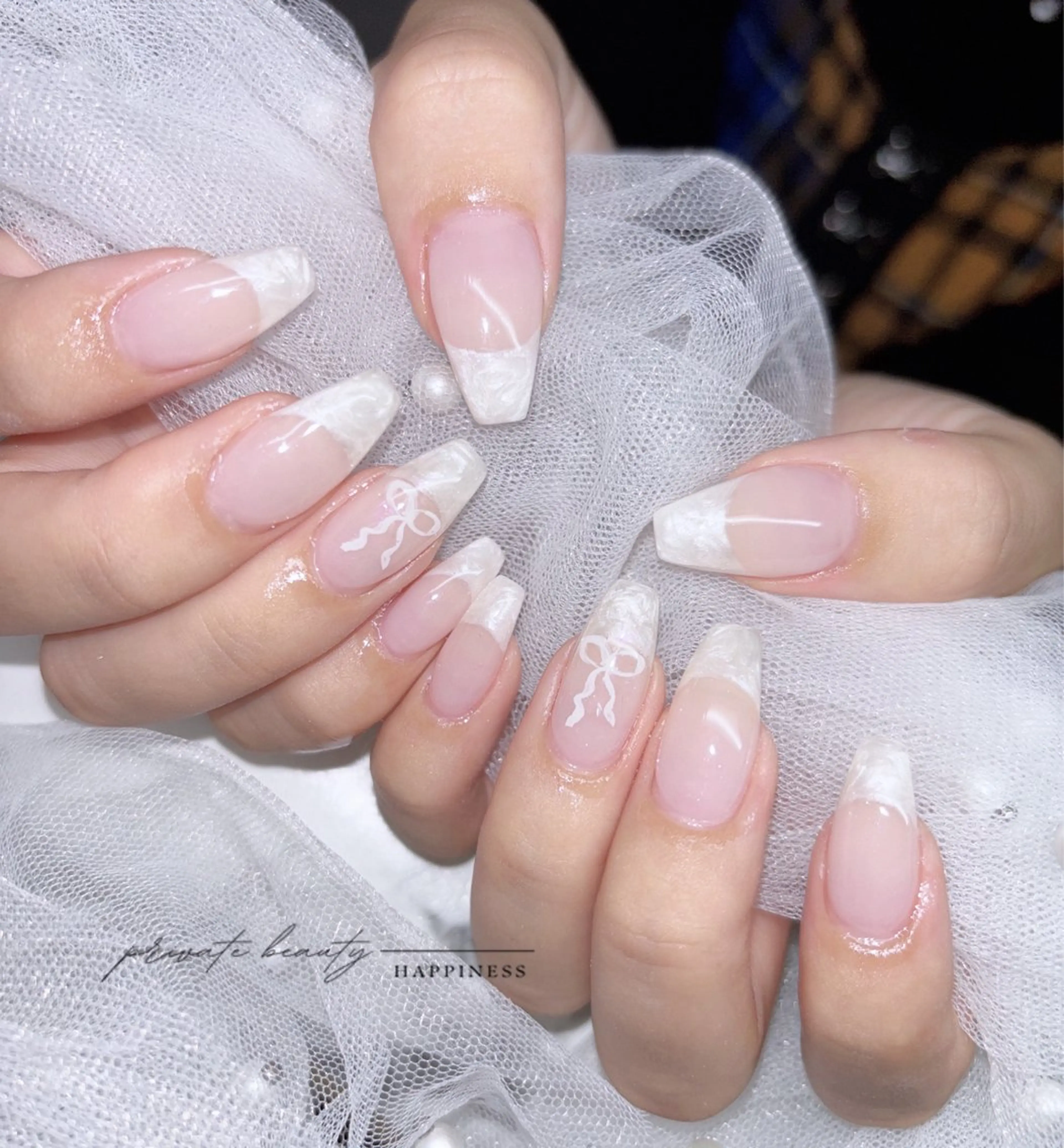 ネイル フレンチネイル 大理石ネイル(マーブル) スクエアネイル ハンドネイル happiness nailのネイルデザイン