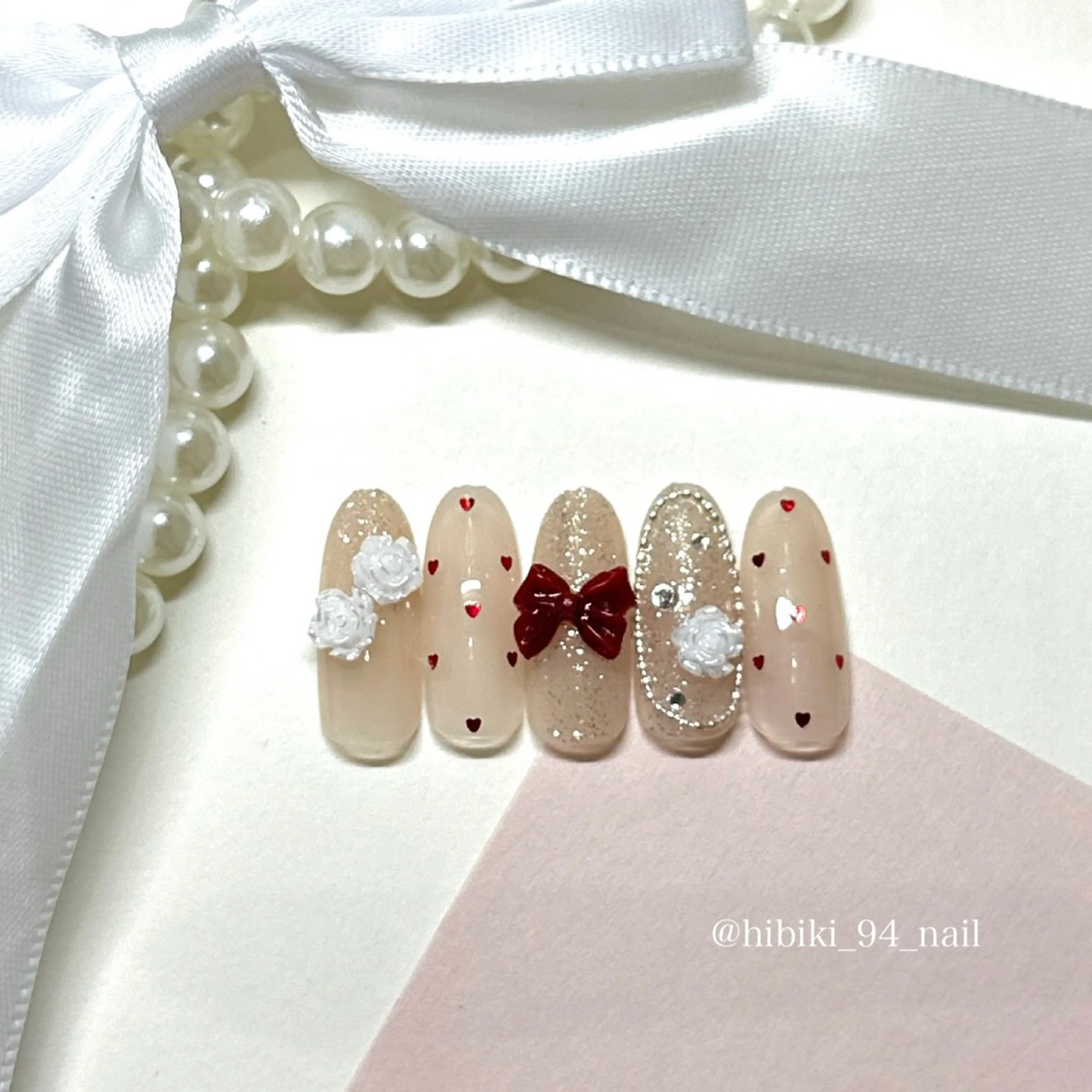 ネイル アートネイル ガーリー ハート 韓国ネイル リボン ハンドネイル L'oeillet所属・L'oeillet HIBIKIのネイルデザイン