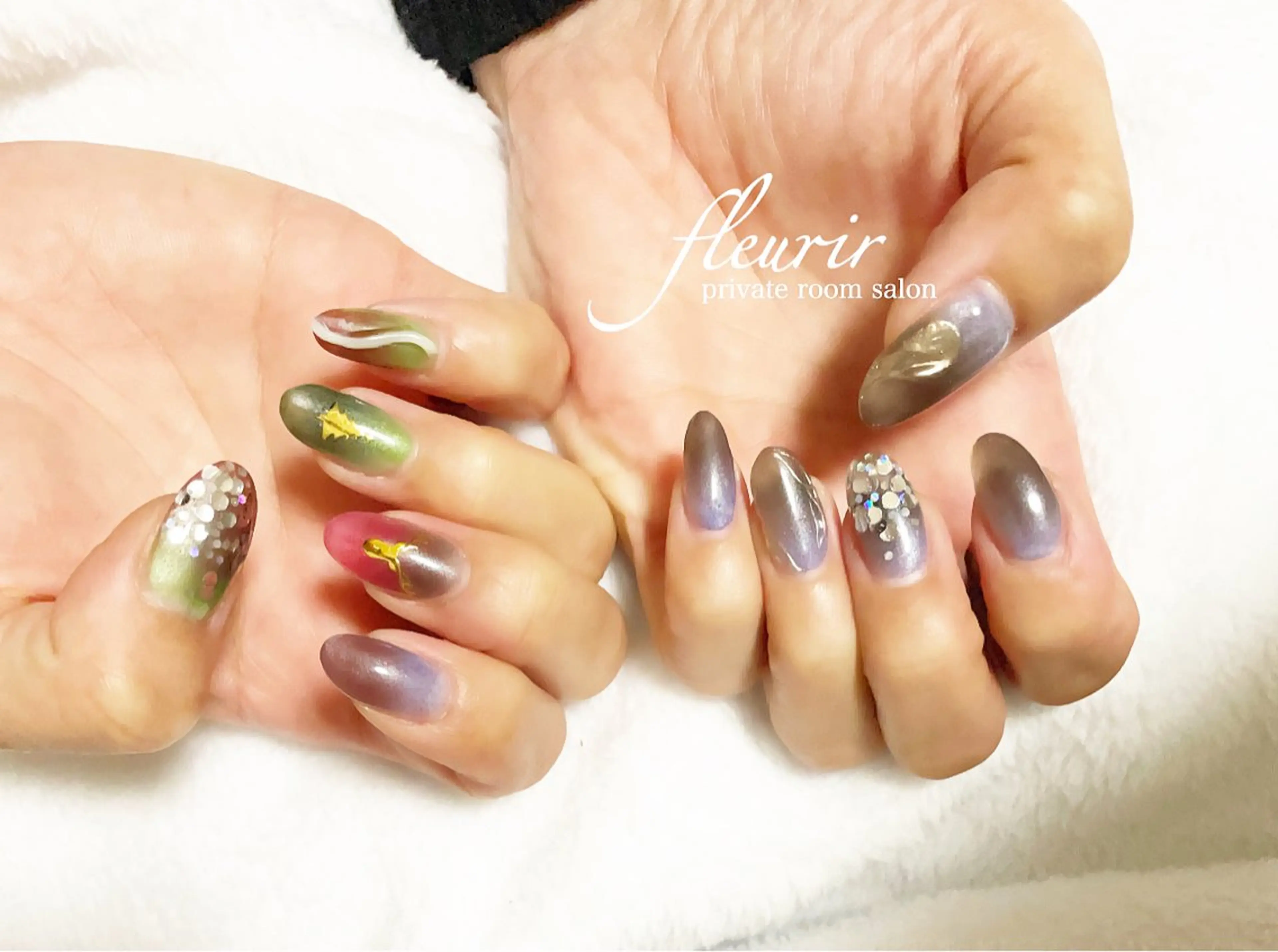ネイル アートネイル ブルー ブラウン グリーン ミラーネイル フルリール 【プライベートサロンのネイルデザイン