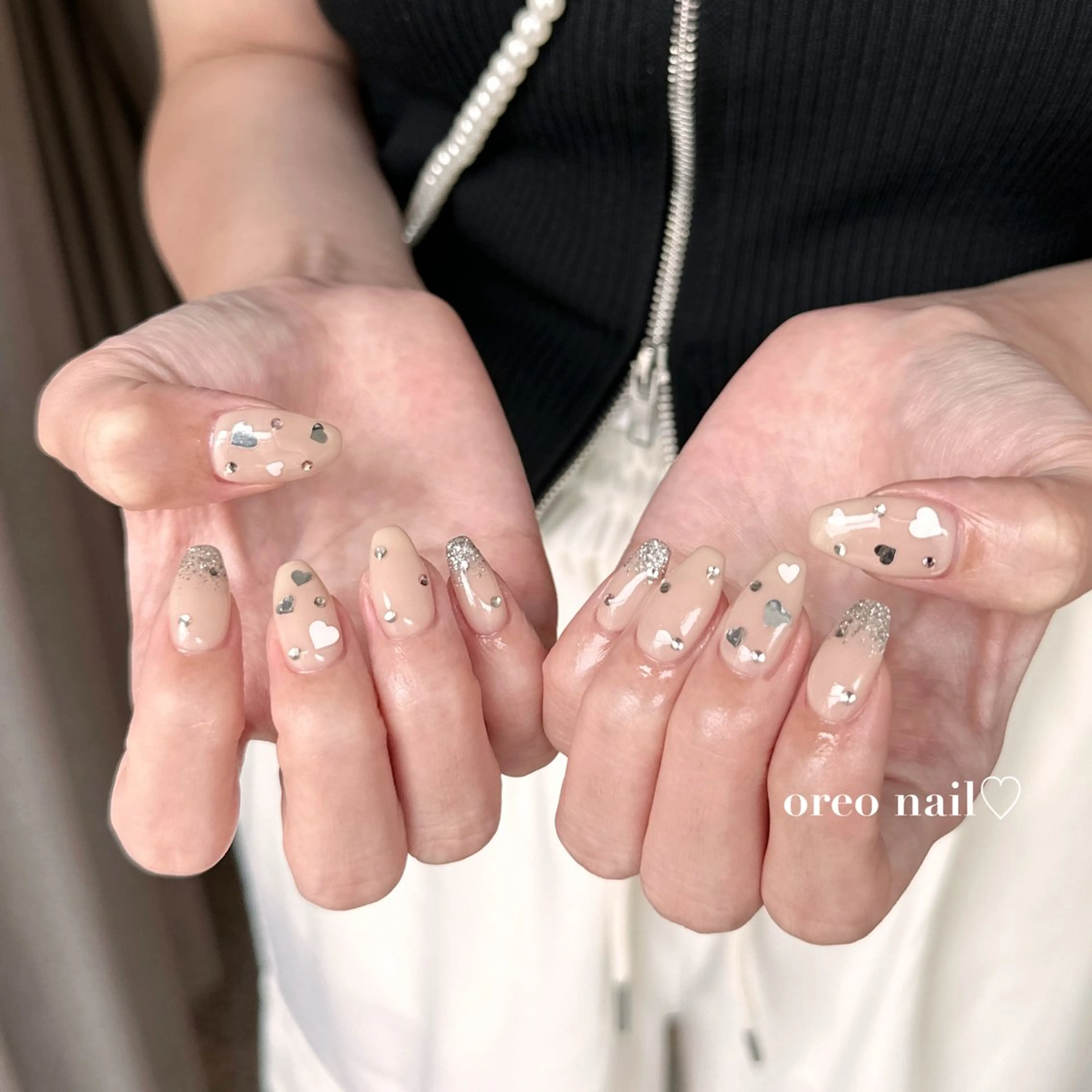 ネイル チークネイル フラッシュネイル フレンチネイル ハート キラキラネイル oreo salon miyu 池袋のネイルデザイン
