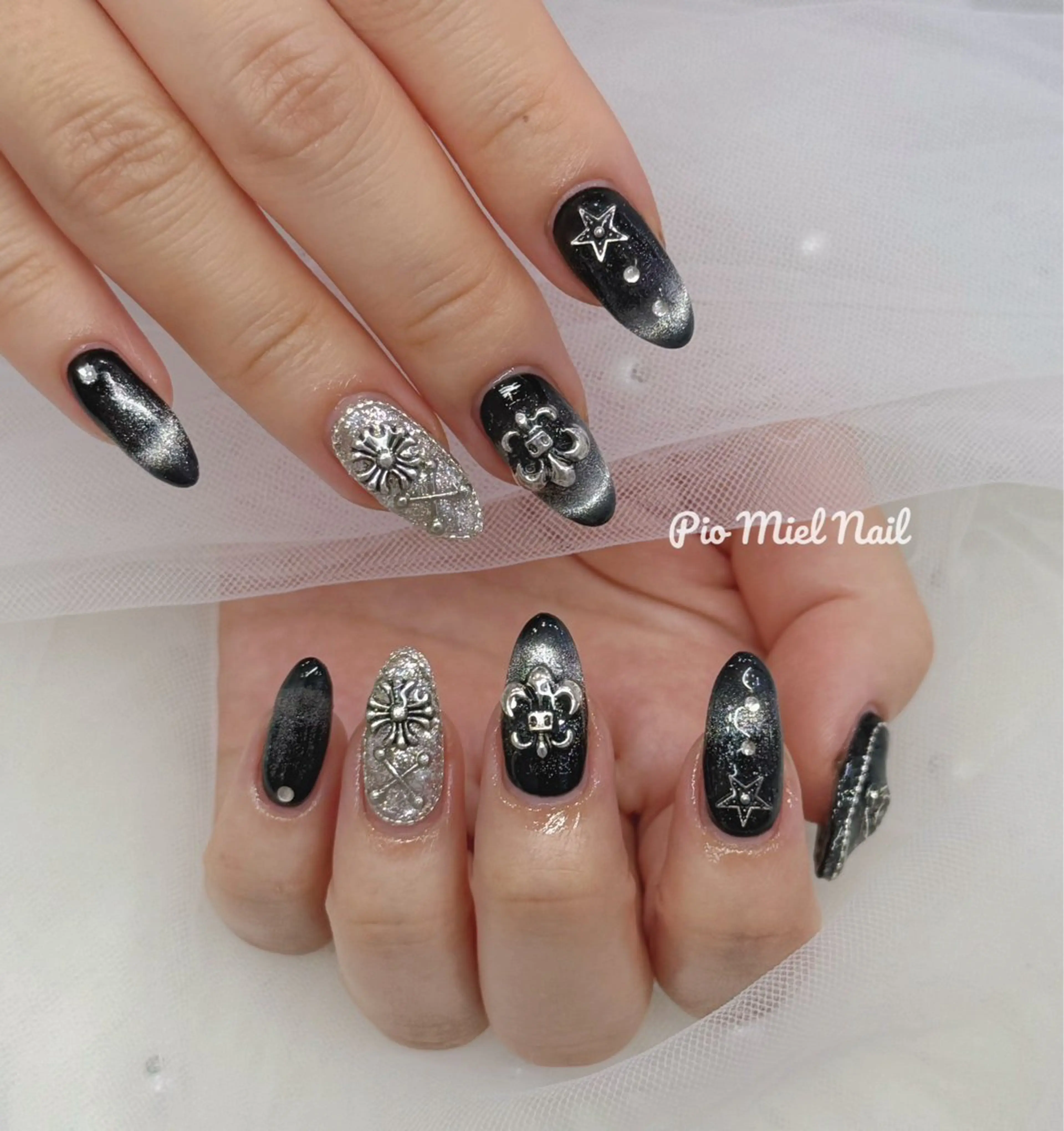 ネイル グラデーション ロングネイル シルバー ハンドネイル HANA 長さだしのネイルデザイン