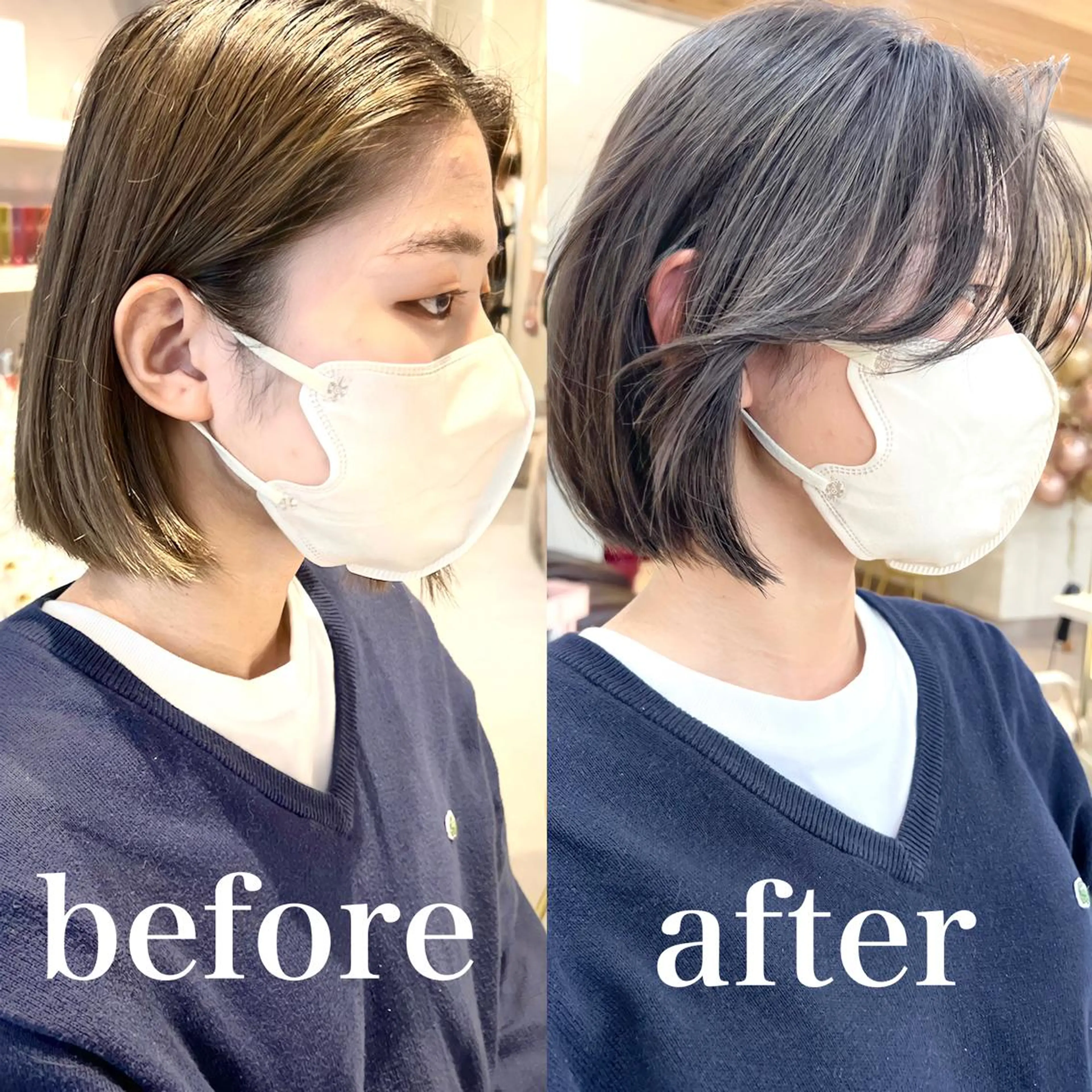 ショート カラー ベージュカラー グレージュ ボブ くびれヘア くせ毛 ヘアカラー トリートメント ニュアンスレイヤー ハイトーンカラーのヘアスタイル