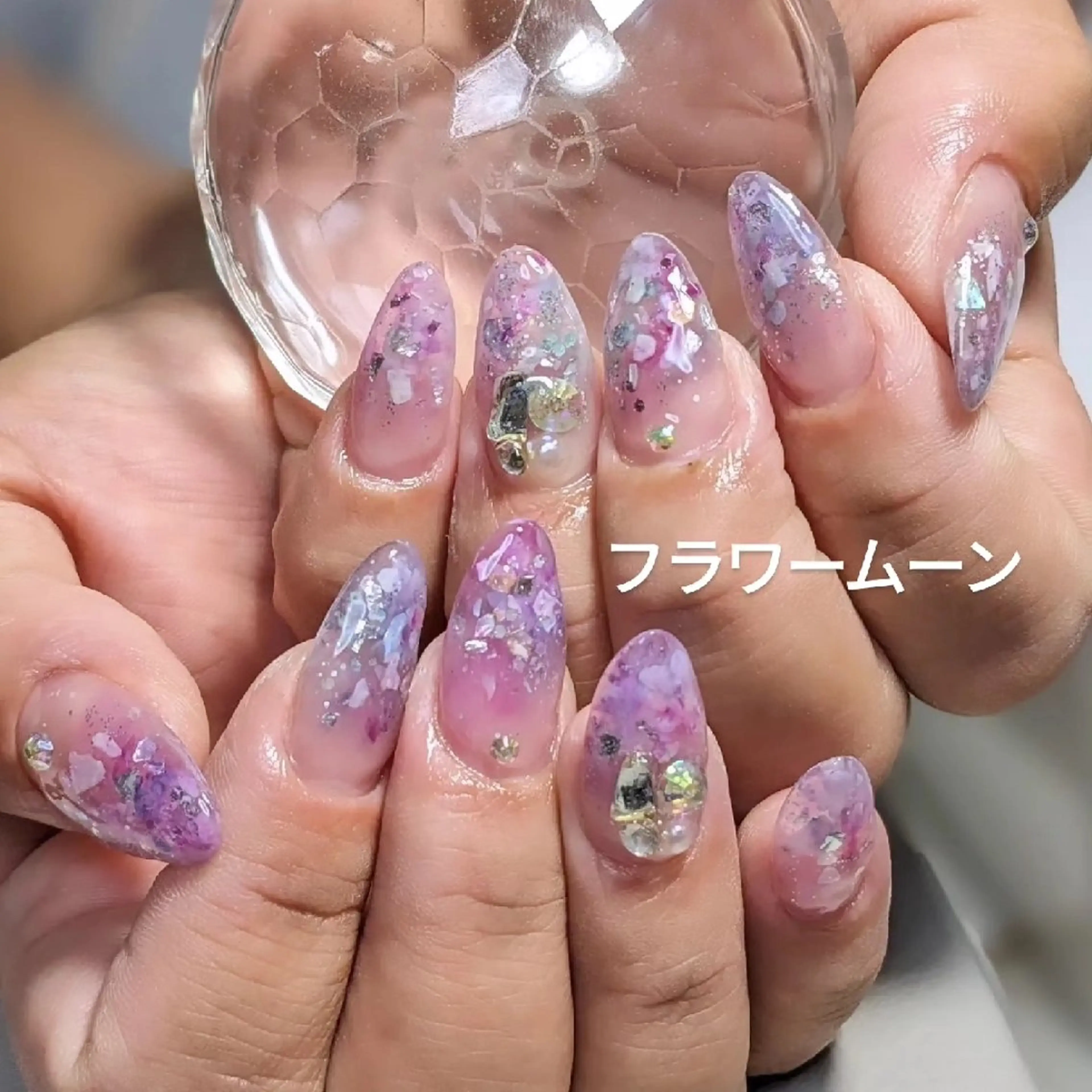 ネイル クリアネイル スカルプネイル フラワー ムーンのネイルデザイン