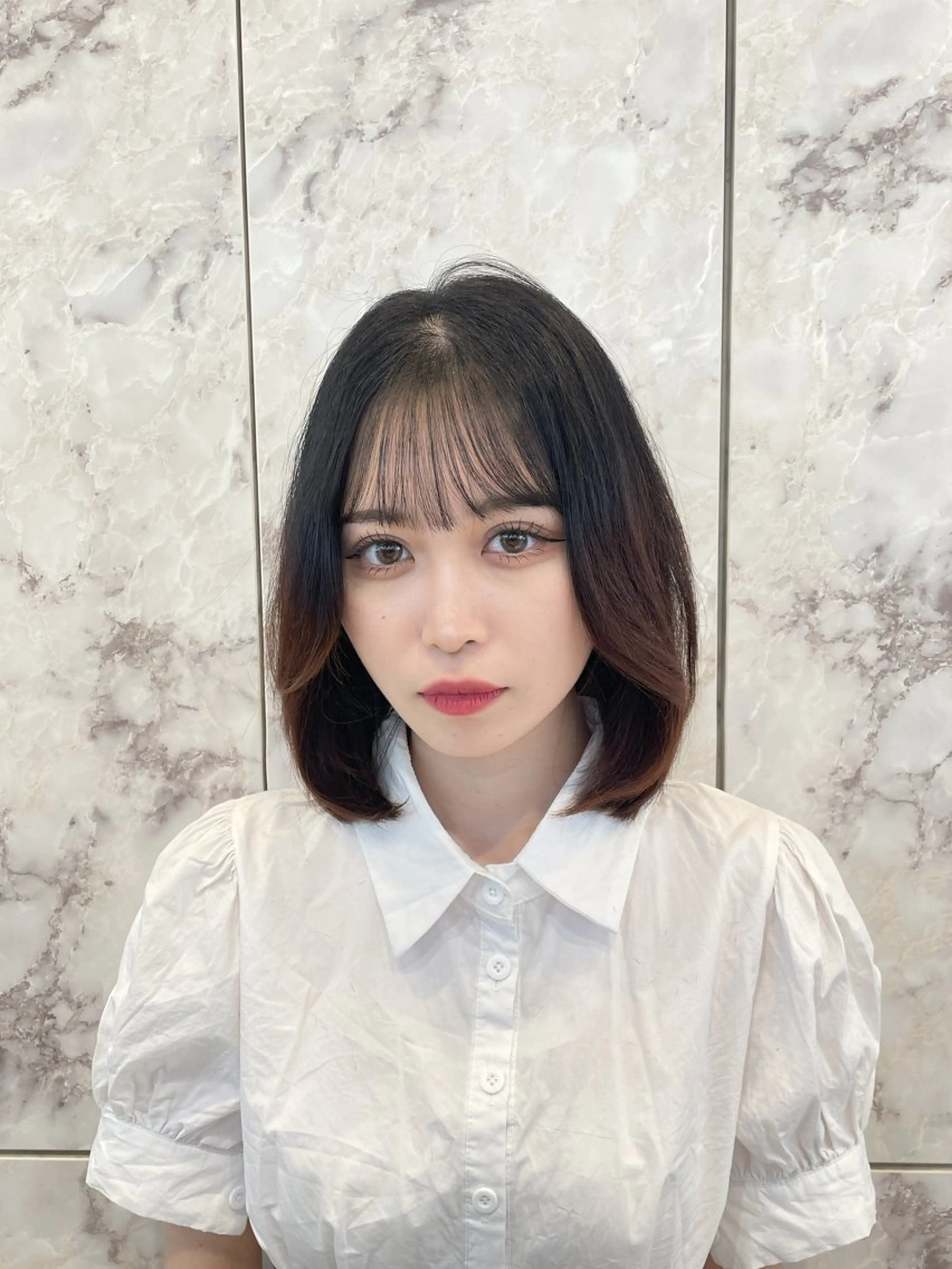 ミディアム ミストバング ボブ くびれヘア ハイライト 髪質改善 RIN/韓国/ トレンドヘア/新宿のヘアスタイル