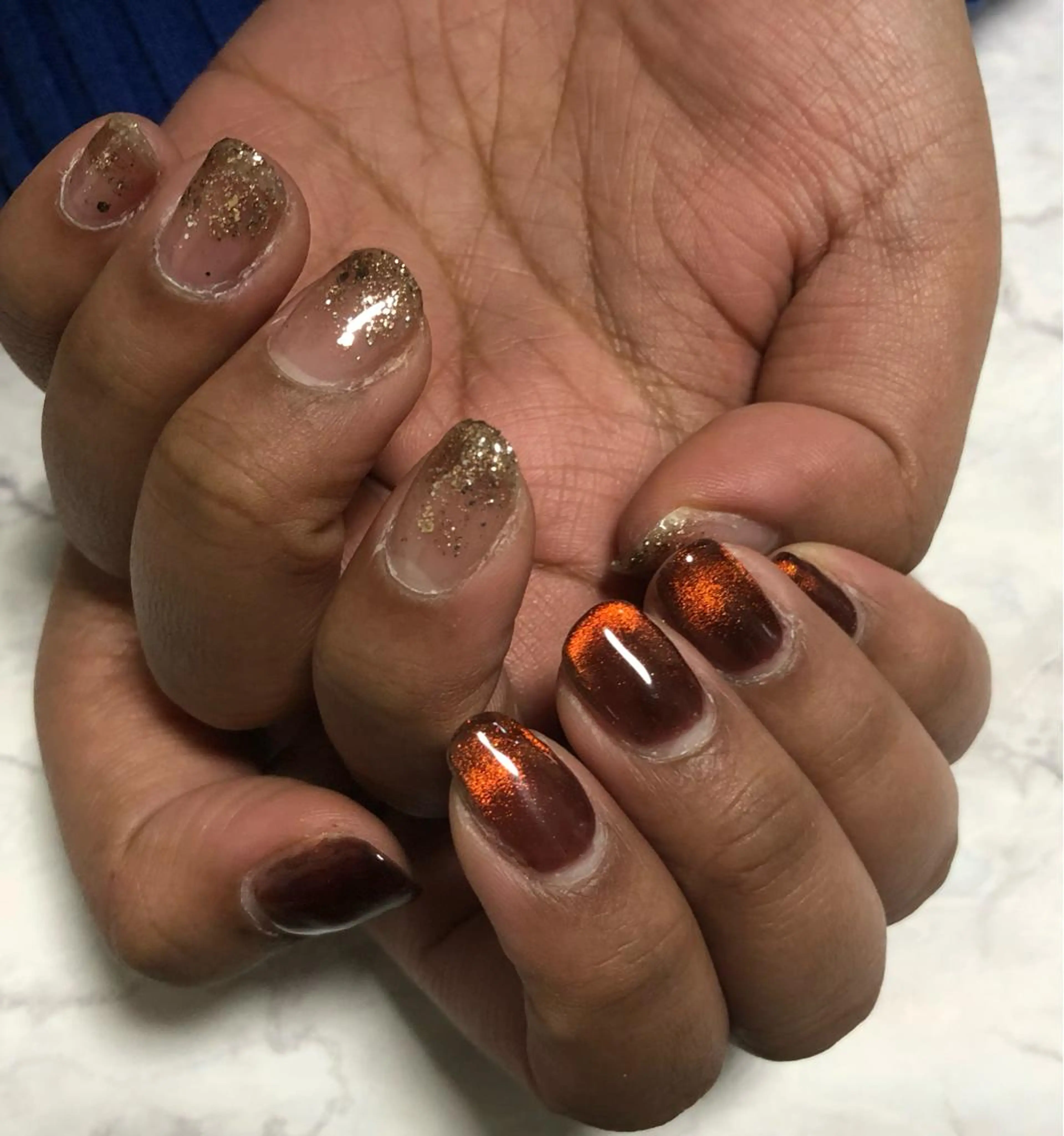 ネイル ブラウン ゴールド ラメ(グリッター) マグネットネイル オレンジ M&Y nailsalonのネイルデザイン
