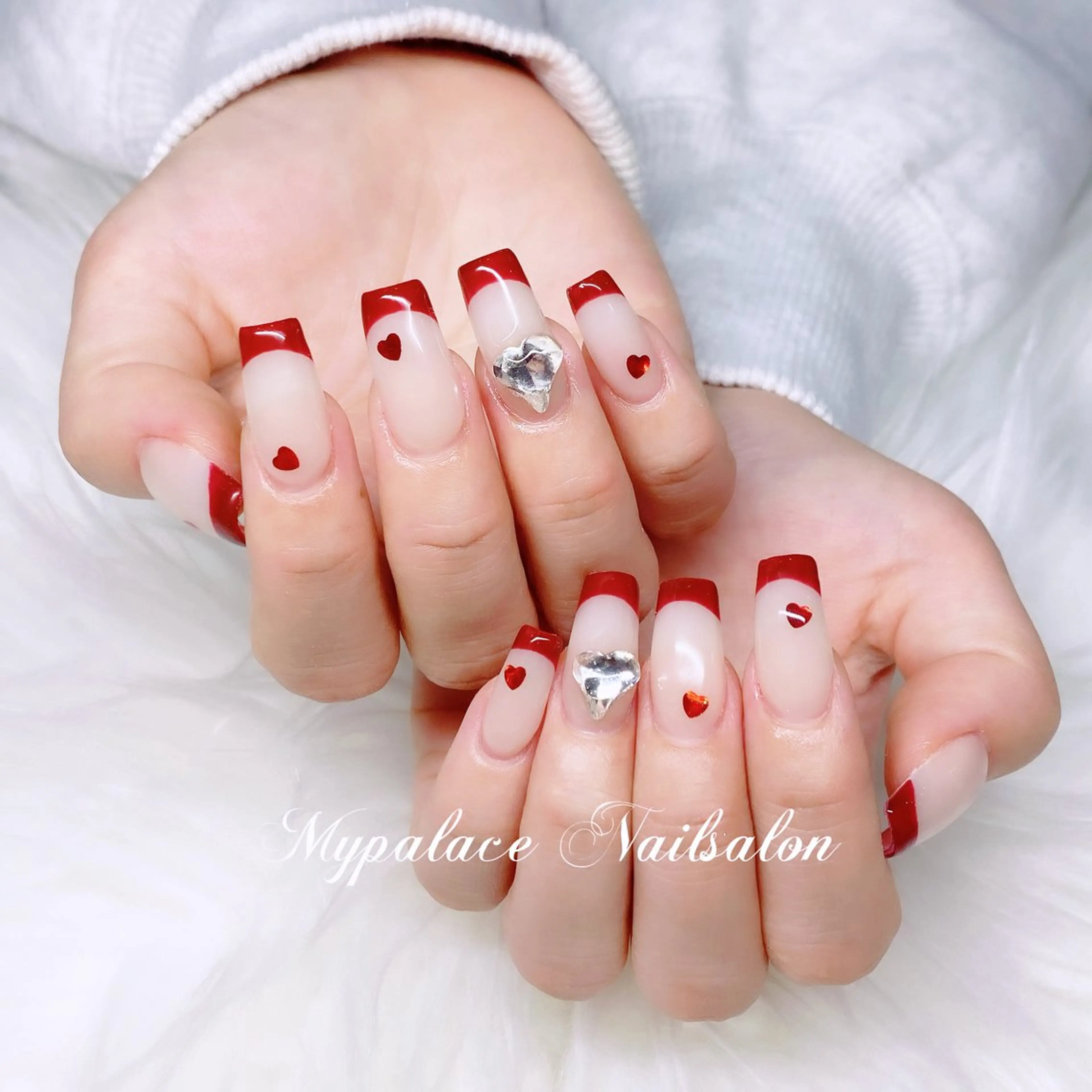 ネイル フレンチネイル ハート 赤色 スカルプネイル ハンドネイル Yuis Nailスカルプ専門のネイルデザイン