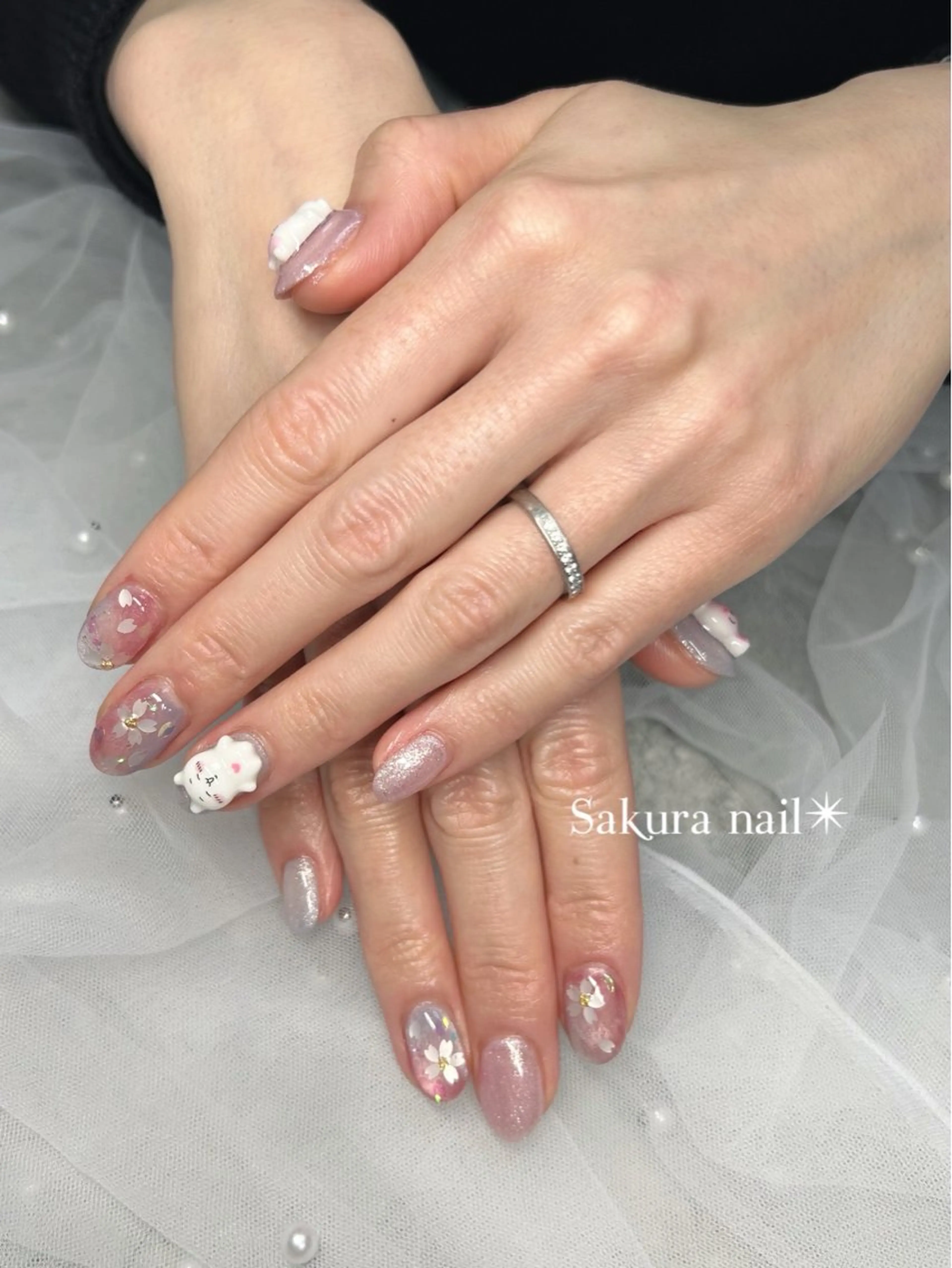 ネイル アートネイル 桜ネイル グラデーション ホログラムネイル マグネットネイル ハンドネイル ten nail salon　かえでのネイルデザイン