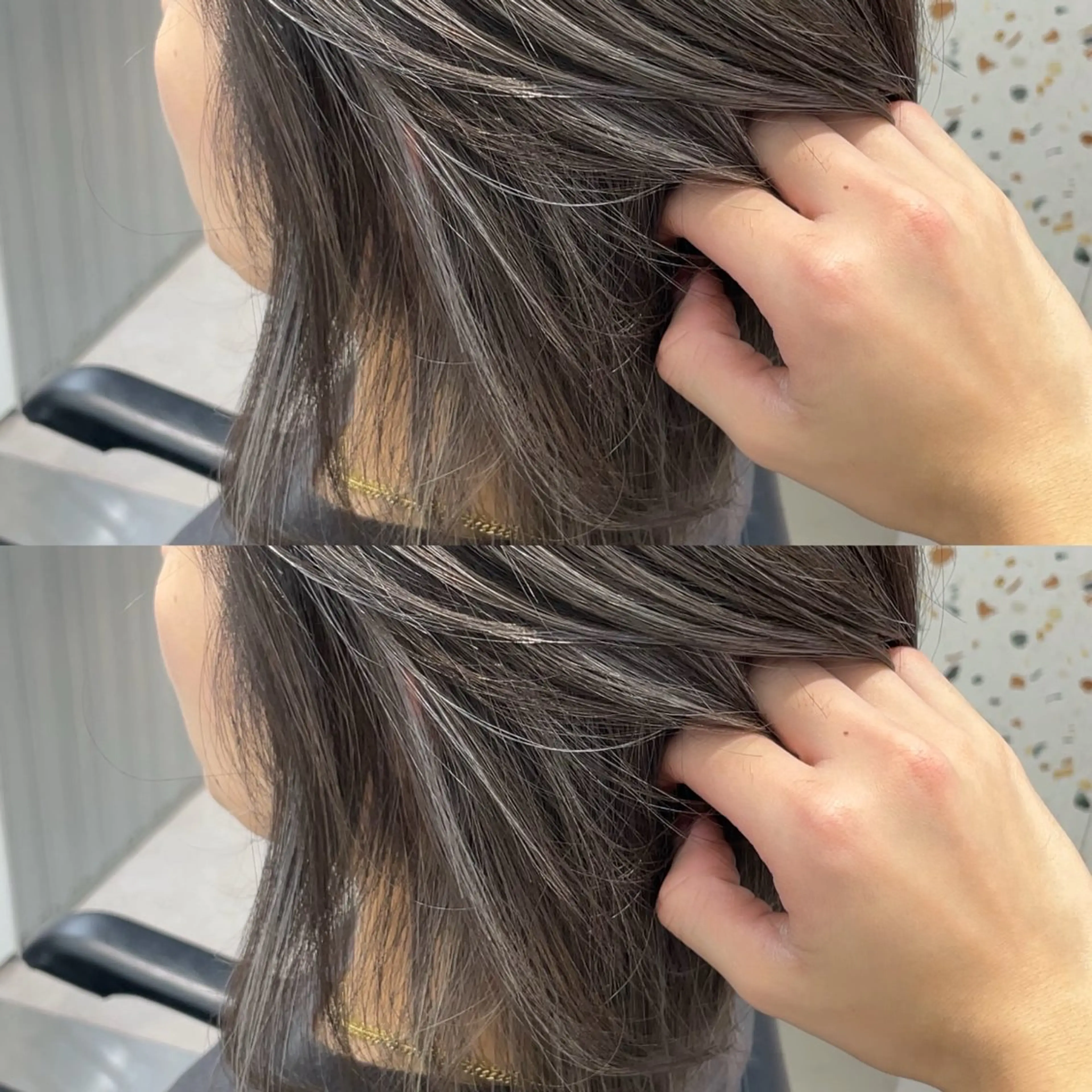 セミロング カラー バレイヤージュ グレージュ ハイライトカラー ハイライト レイヤーカット ヘアカラー 表参道/ハイライト バレイヤージュ/縮毛のヘアスタイル