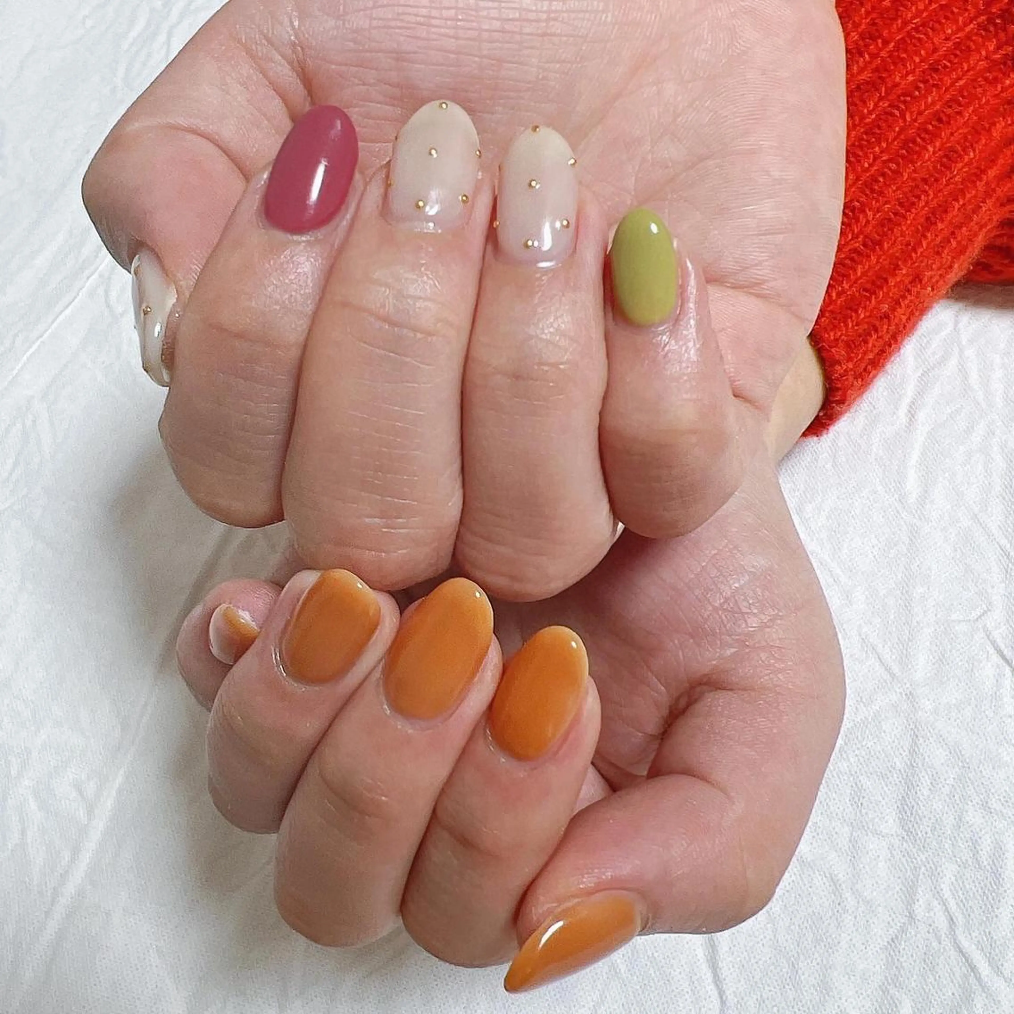 ネイル ブルー オレンジ ピンク ハンドネイル peaberry nailのネイルデザイン