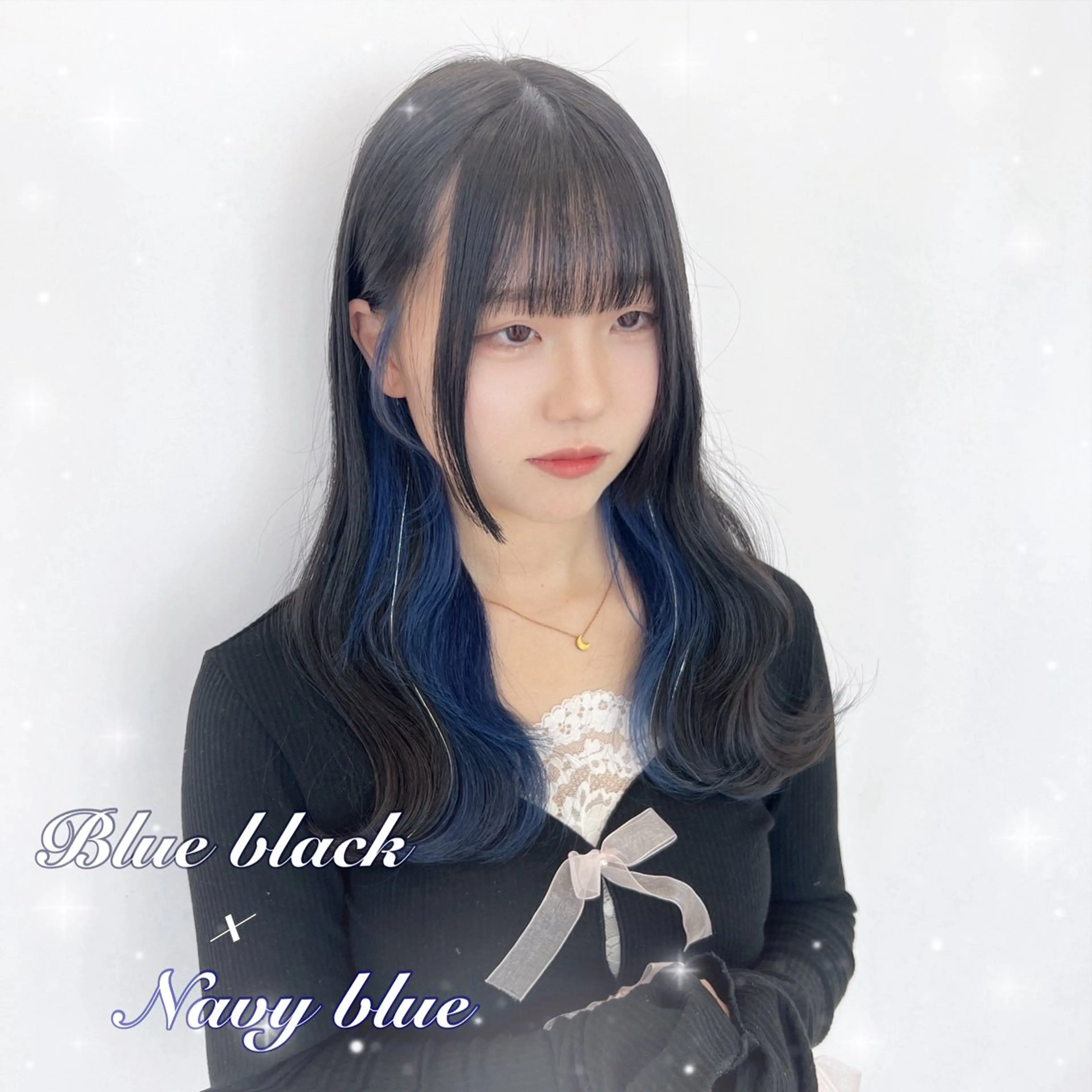 セミロング カラー 黒髪 ブリーチ ブルーカラー ブルーブラック シルバー ヘアカラー Beleza scelto所属・原宿/ハイトーン/ みずは🎀のヘアスタイル