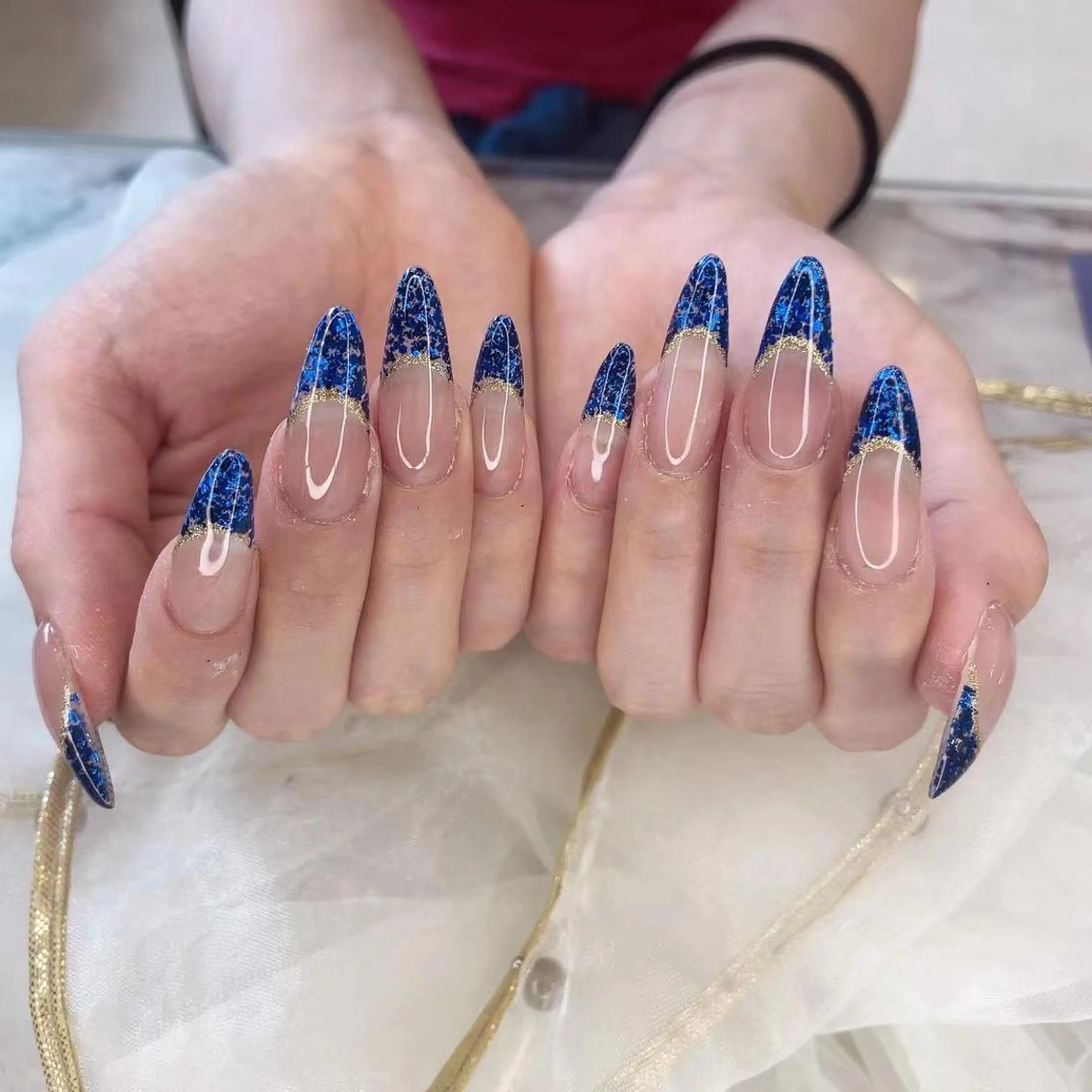 ネイル ブルー フレンチネイル ラメ(グリッター) Babarla Nailのネイルデザイン