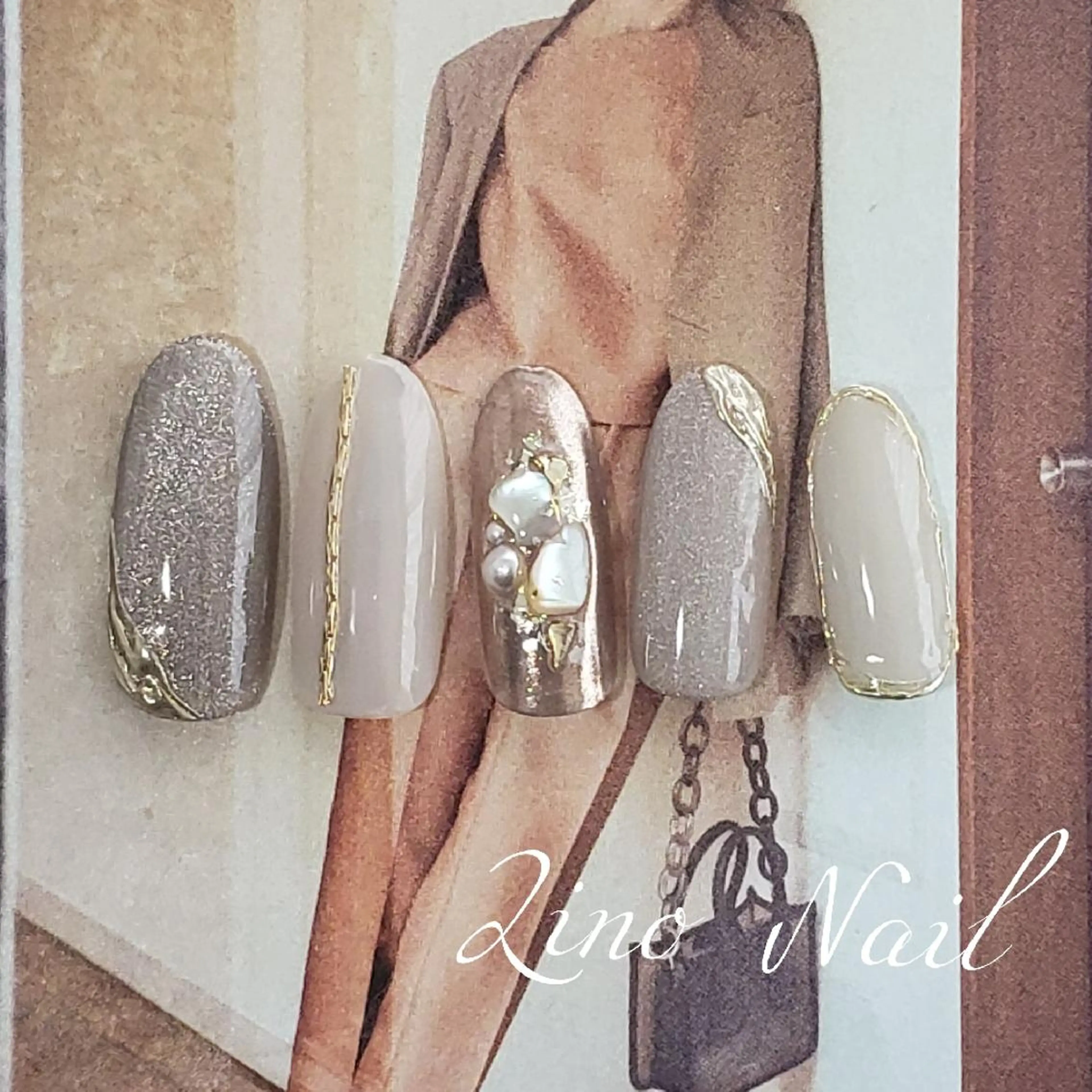 ネイル ブラウン カジュアル ジェルネイル キラキラネイル マグネットネイル ハンドネイル Lino Nailのネイルデザイン