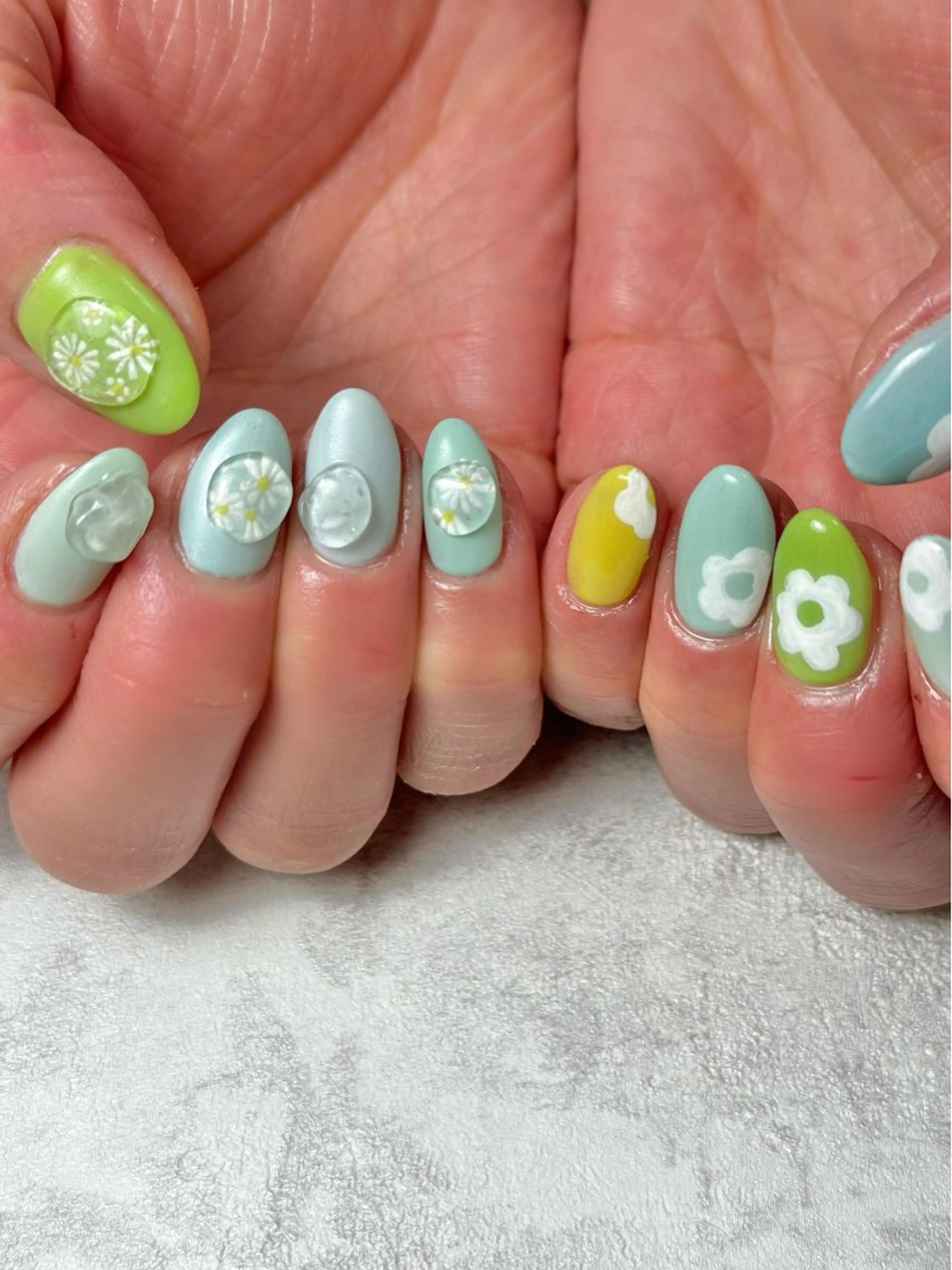 ネイル アートネイル ブルー ジェルネイル 持ち込み パラジェル ハンドネイル flowers nailのネイルデザイン
