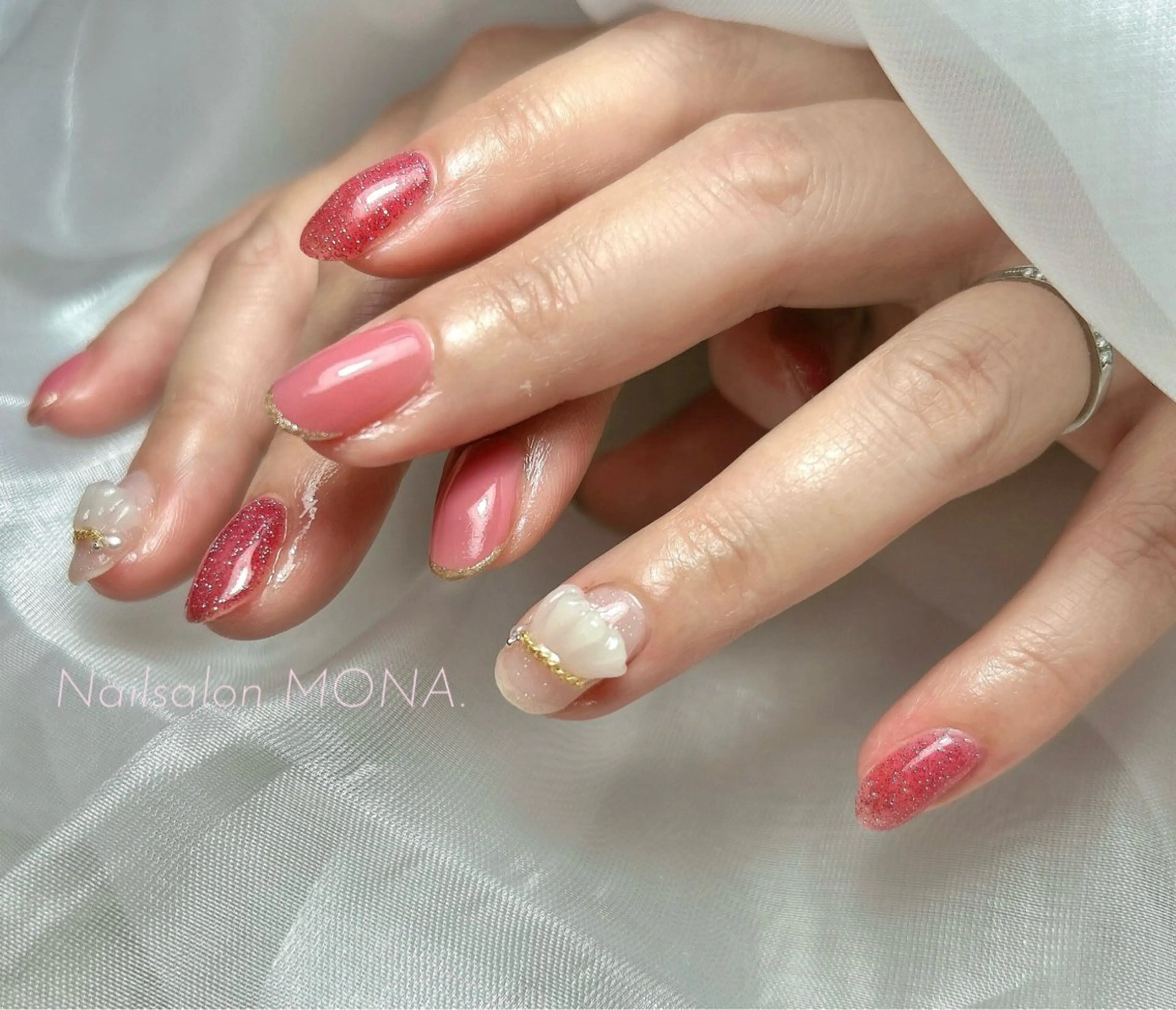 ネイル フラッシュネイル フレンチネイル ピンク ハンドネイル Nailsalon MONA.のネイルデザイン