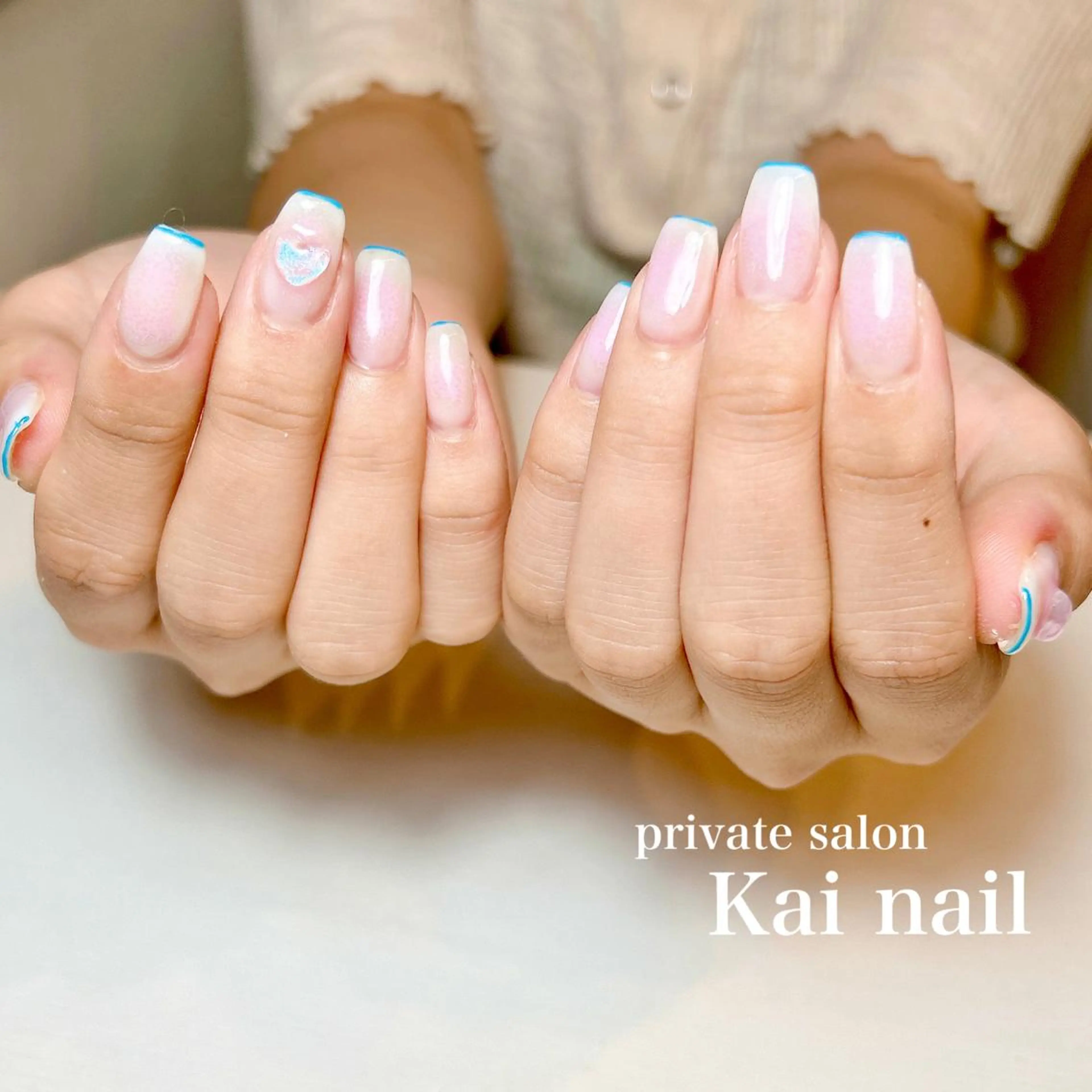 ネイル ブルー チークネイル フレンチネイル ジェルネイル ハート Kai  nail Mayukoのネイルデザイン
