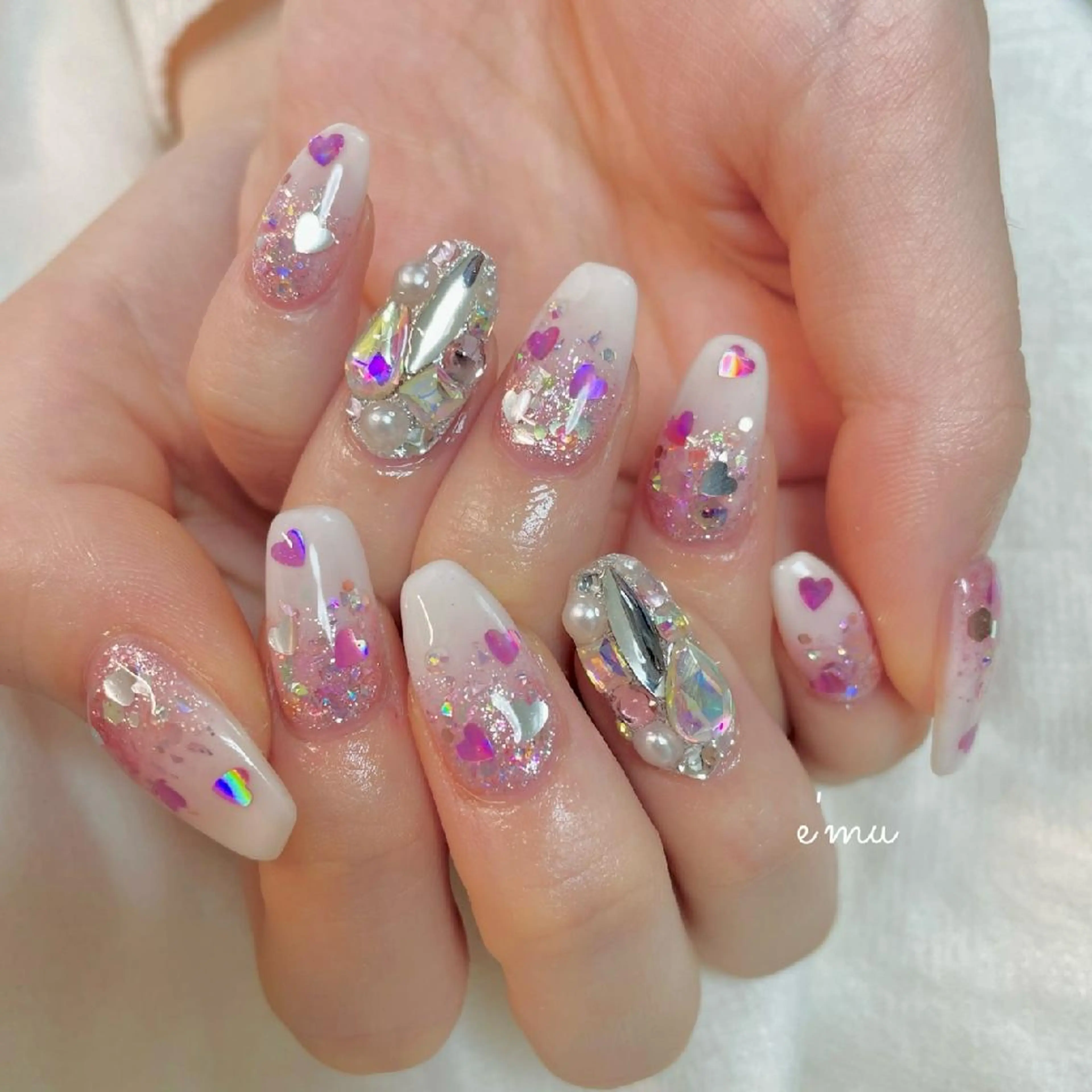 ネイル ガーリー ハート ピンク nail salon e'mu💐のネイルデザイン