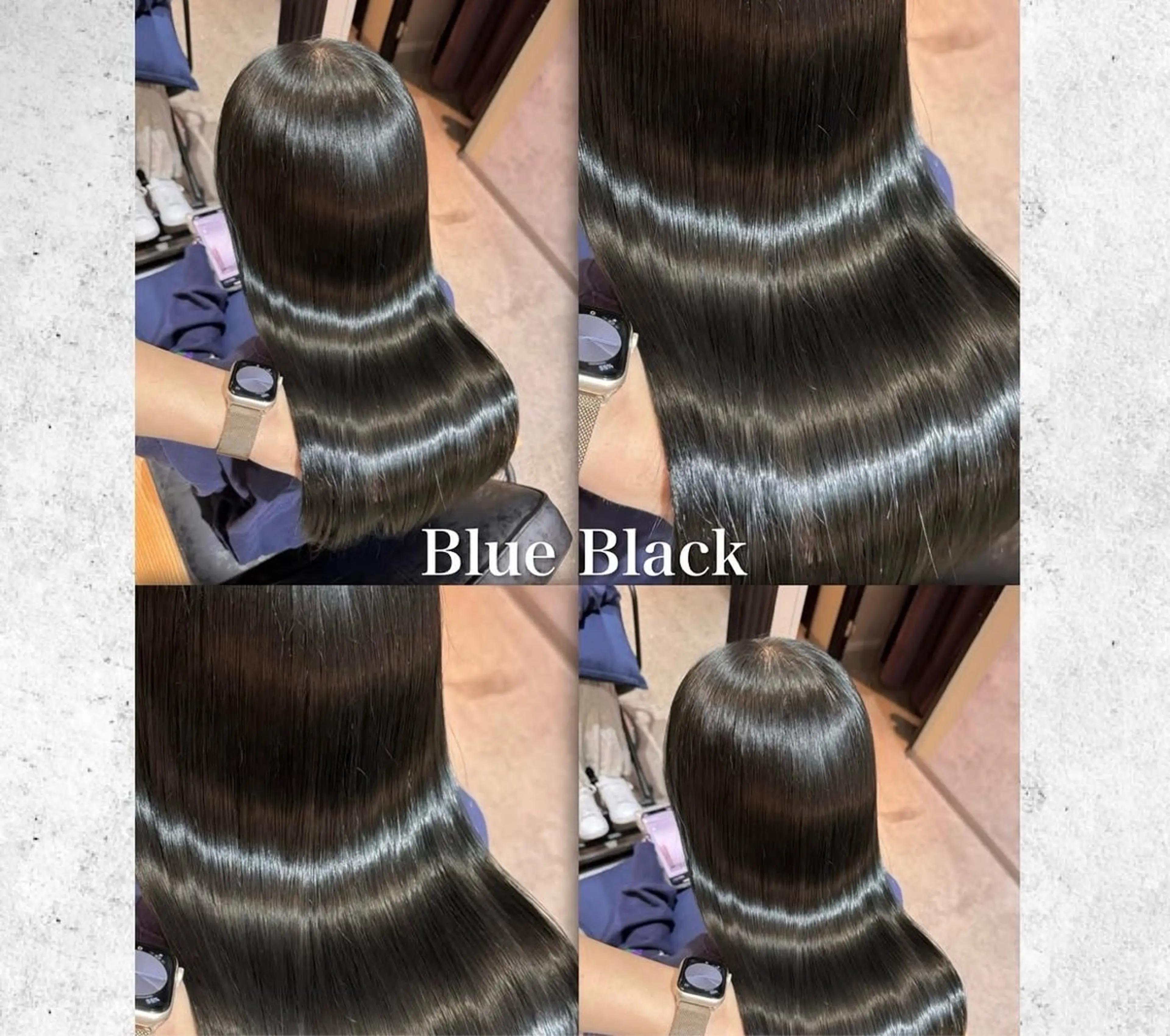 ロング カラー パーマ 黒髪 ブルーカラー ブルーブラック 髪質改善 縮毛矯正 ヘアカラー 縮毛矯正 トリートメント 🌊海外ハイライト リタッチ/縮毛矯正のヘアスタイル