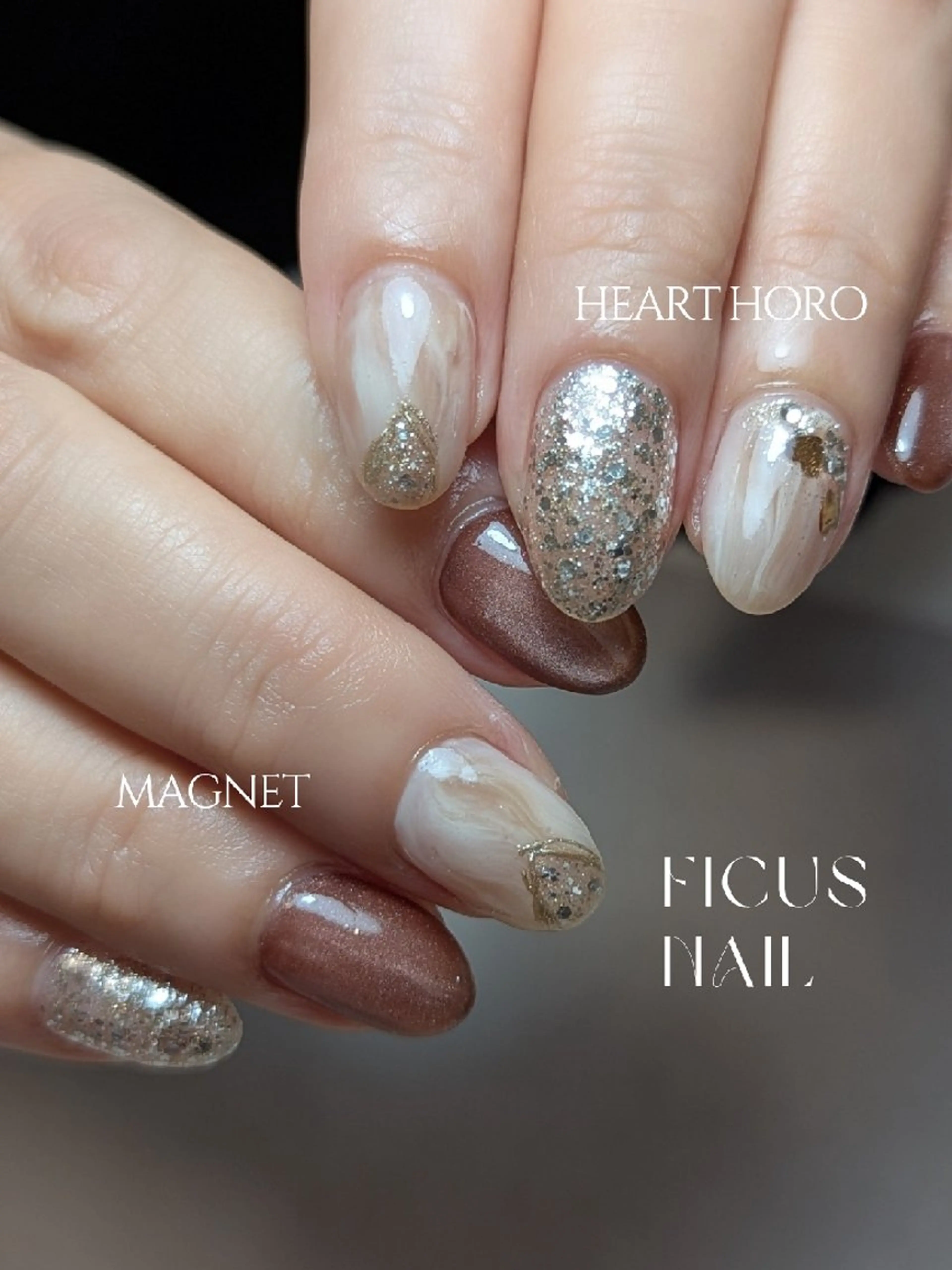 ネイル ハート キラキラネイル マグネットネイル 大理石ネイル(マーブル) ショートネイル ハンドネイル ficus nailのネイルデザイン